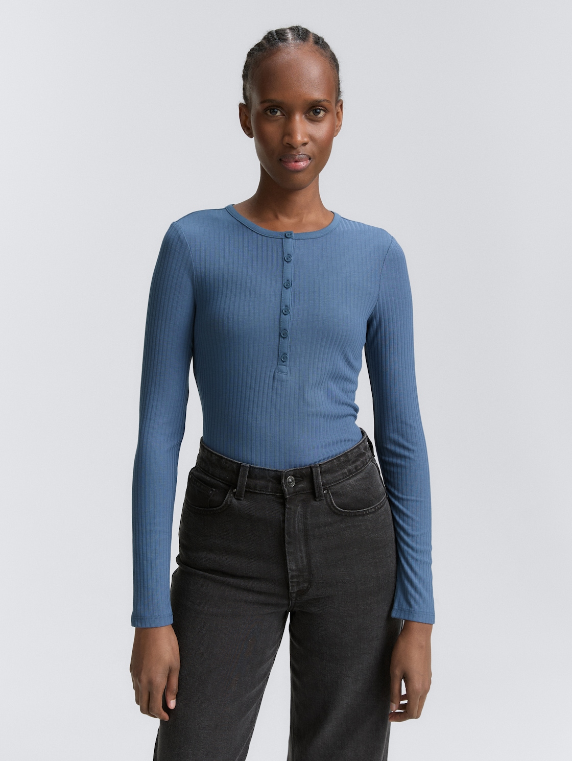 Thumbnail - TOM TAILOR DENIM Damen Ripp Henley Langarmshirt, blau, Uni, Gr. L
