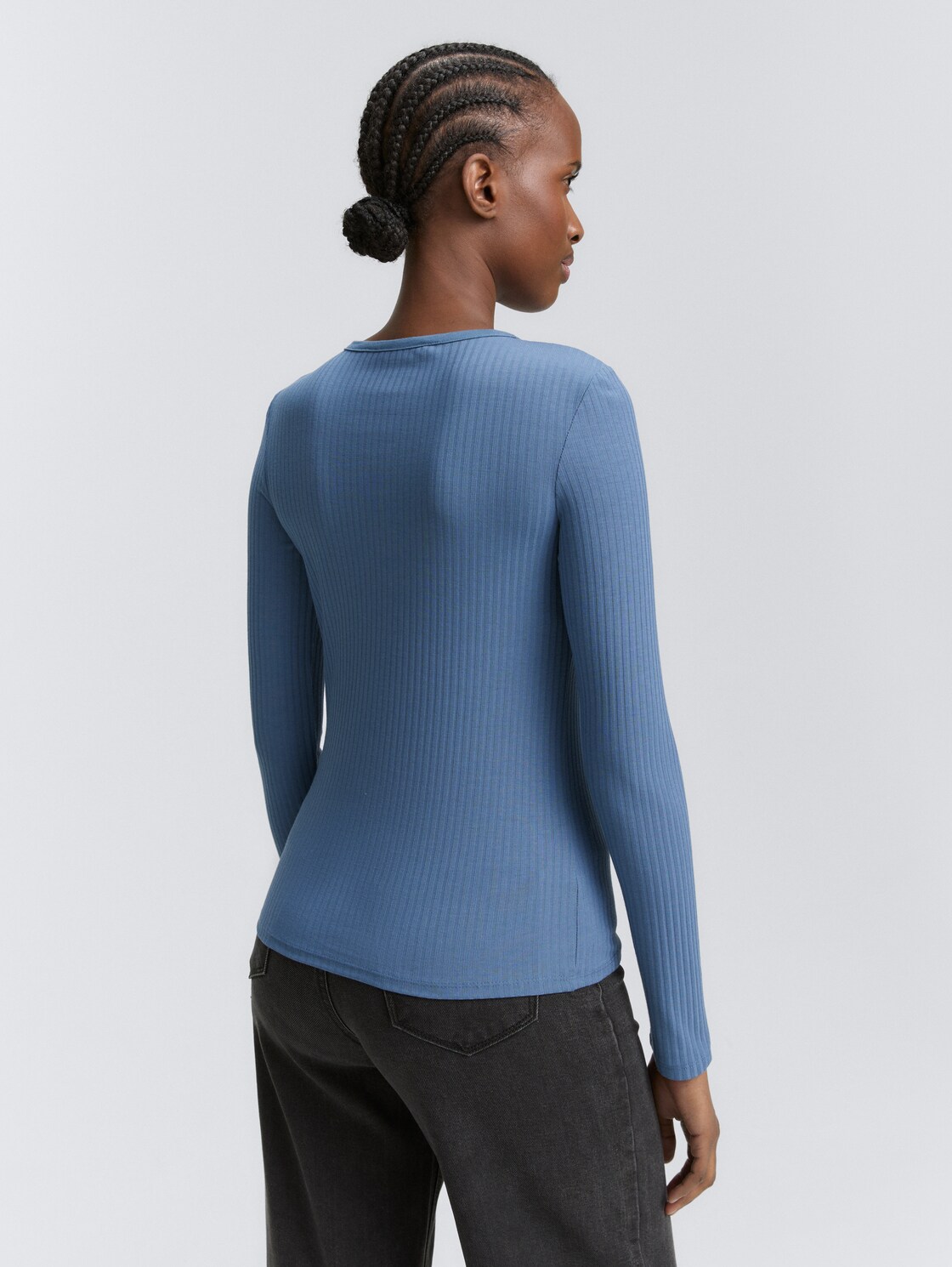 Thumbnail - TOM TAILOR DENIM Damen Ripp Henley Langarmshirt, blau, Uni, Gr. L