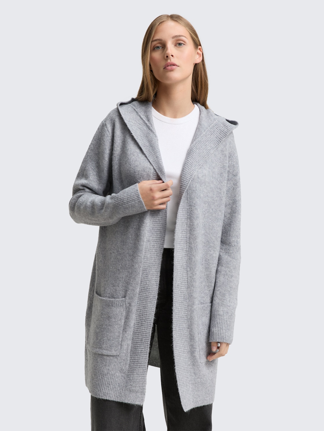 Thumbnail - TOM TAILOR DENIM Damen Cardigan mit Kapuze, grau, Meliert, Gr. S