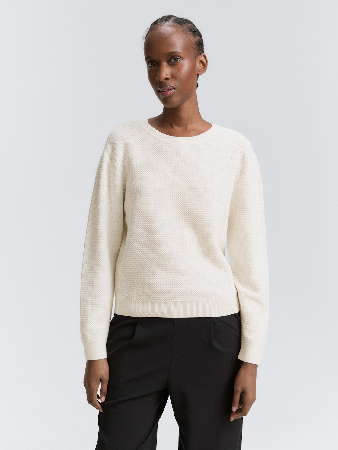 Thumbnail - TOM TAILOR DENIM Damen Strickpullover mit Rundhalsausschnitt, weiß, Uni, Gr. M