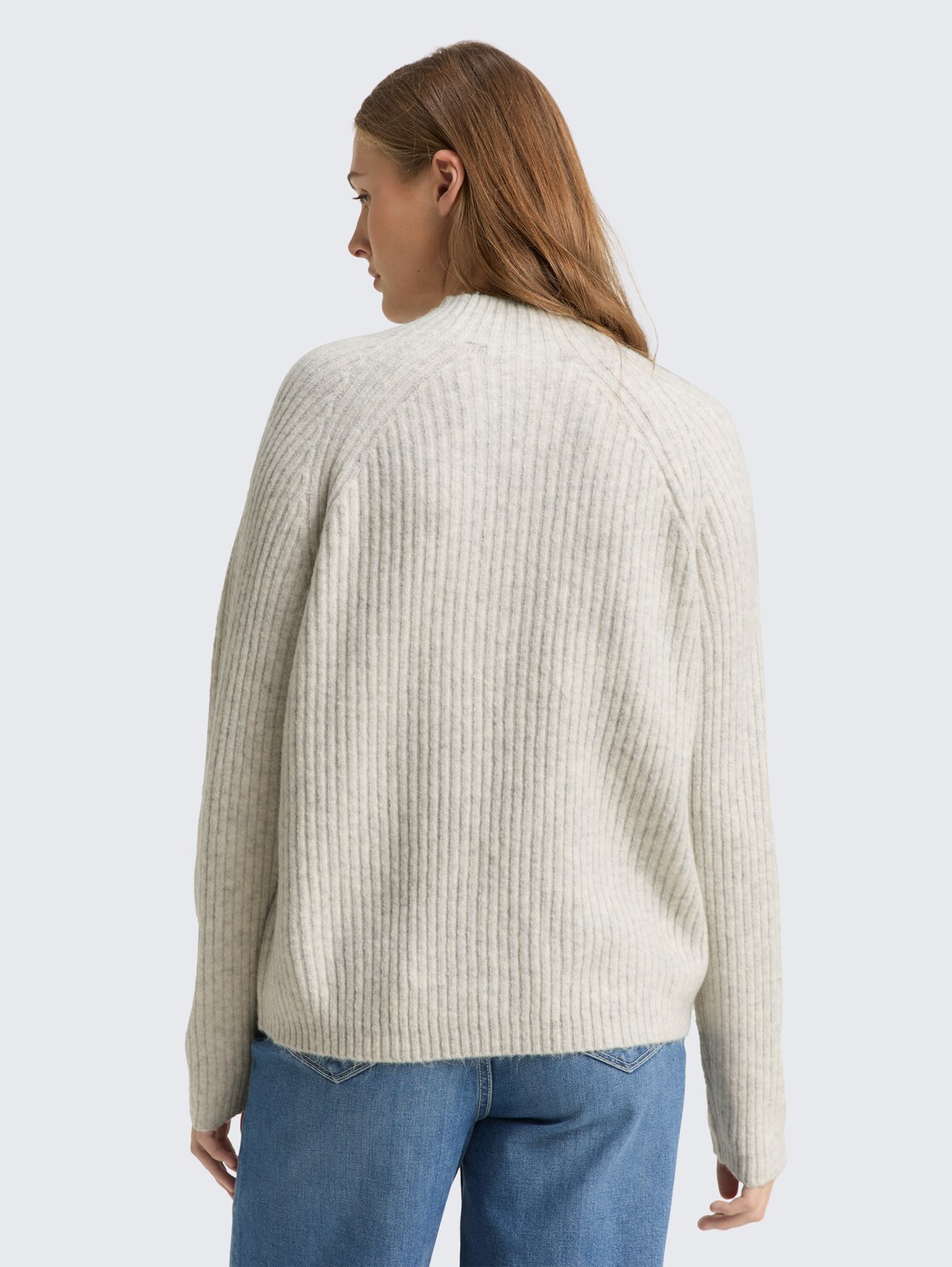 Thumbnail - TOM TAILOR DENIM Damen Relaxed Fit Strickpullover mit Stehkragen, weiß, Meliert, Gr. XXL