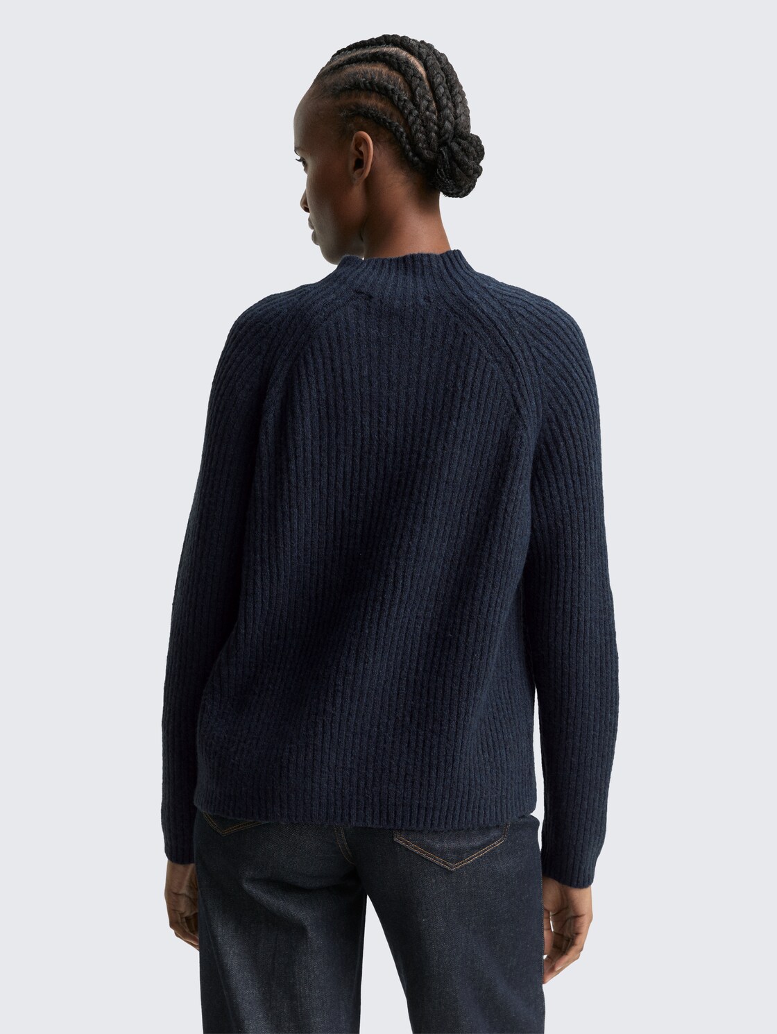 Thumbnail - TOM TAILOR DENIM Damen Relaxed Fit Strickpullover mit Stehkragen, blau, Meliert, Gr. M