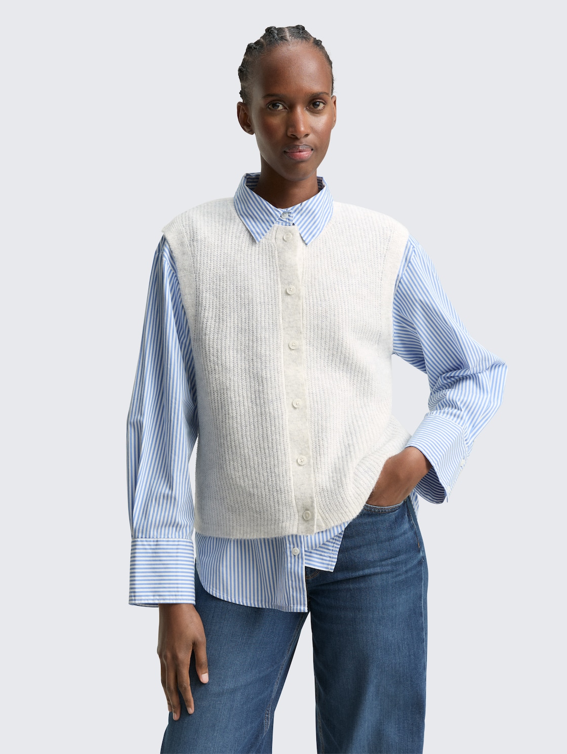 Thumbnail - TOM TAILOR DENIM Damen Pullunder mit Knopfleiste, weiß, Meliert, Gr. XL