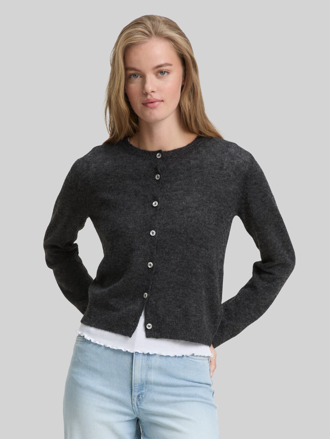  Tom Tailor Denim Damen Cardigan Mit Rundhalsausschnitt, Grau, Meliert, Gr. Xl 