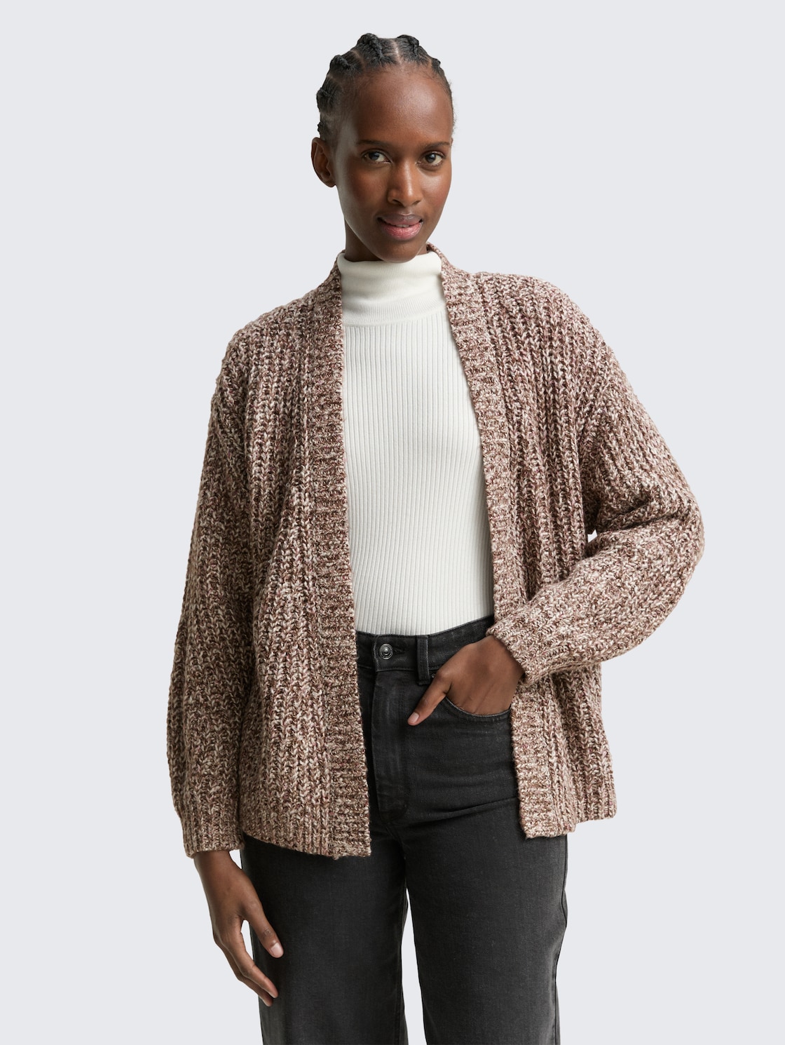 Thumbnail - TOM TAILOR DENIM Damen Relaxed Fit Cardigan in Melange-Optik, braun, Meliert, Gr. S