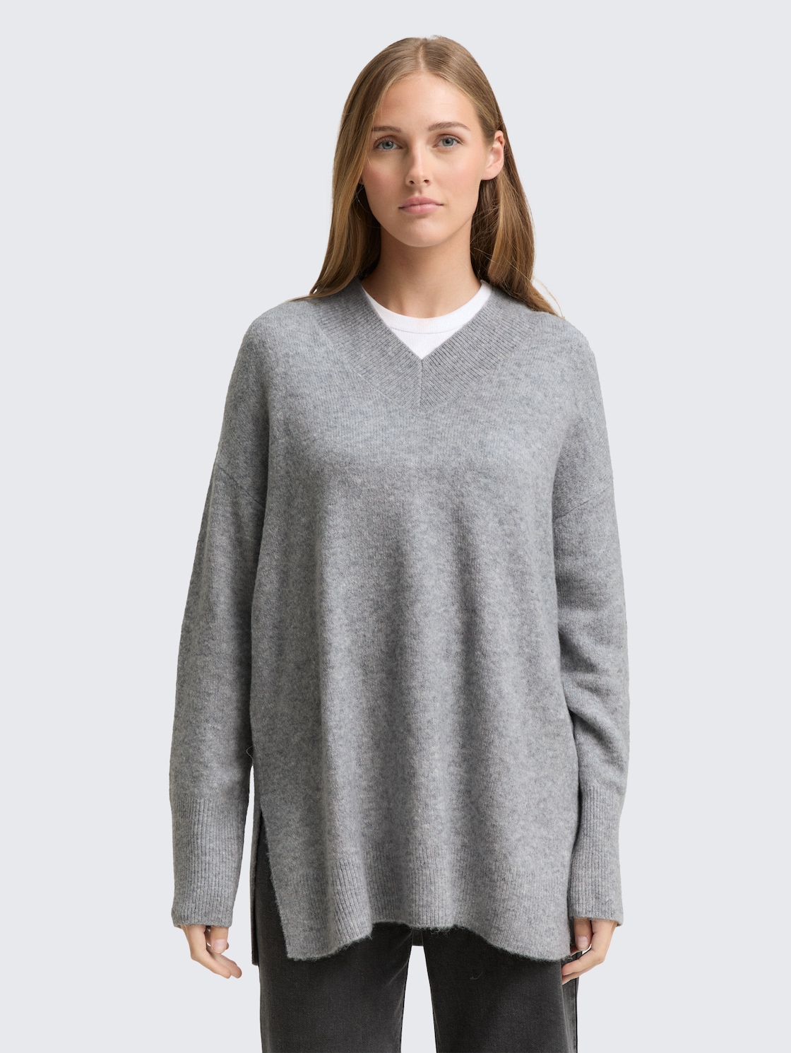 Thumbnail - TOM TAILOR DENIM Damen Longstyle Strickpullover mit V-Ausschnitt, grau, Meliert, Gr. XS