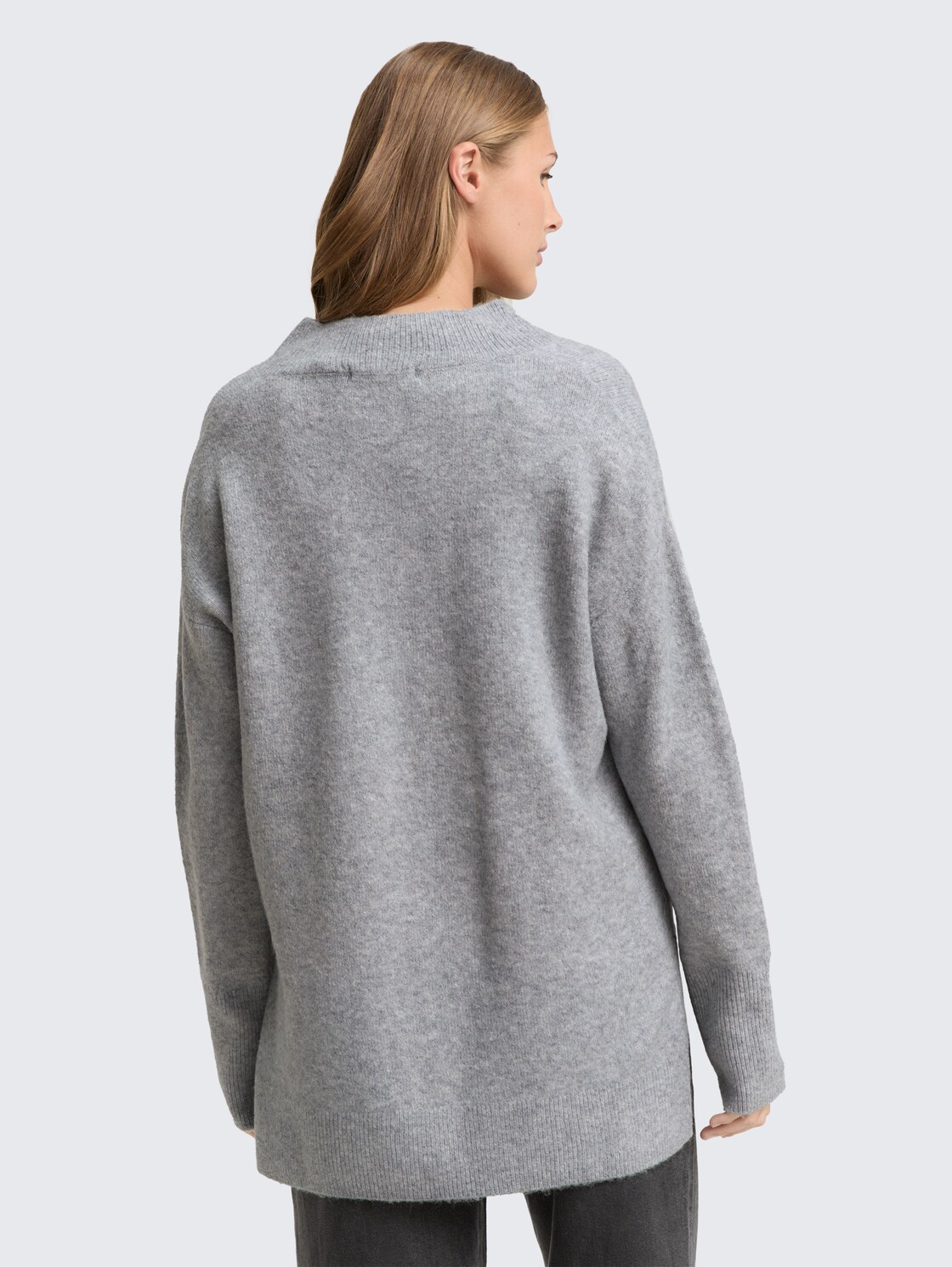 Thumbnail - TOM TAILOR DENIM Damen Longstyle Strickpullover mit V-Ausschnitt, grau, Meliert, Gr. XS