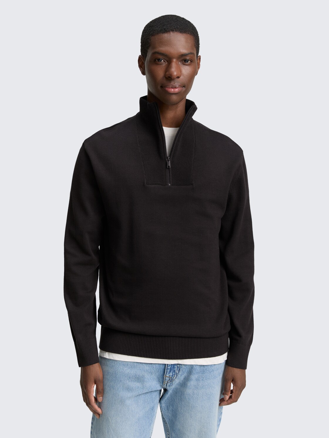 Thumbnail - TOM TAILOR DENIM Herren Troyer Strickpullover aus Baumwolle, schwarz, Uni, Gr. S