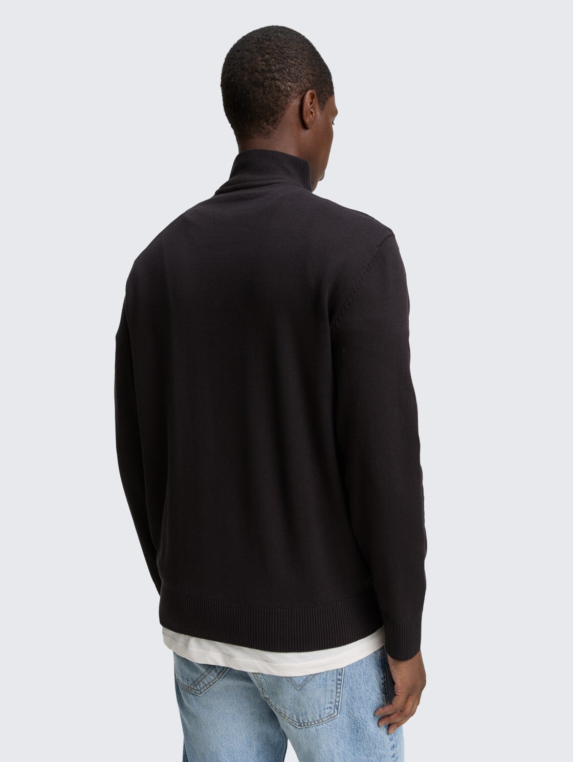 Thumbnail - TOM TAILOR DENIM Herren Troyer Strickpullover aus Baumwolle, schwarz, Uni, Gr. S