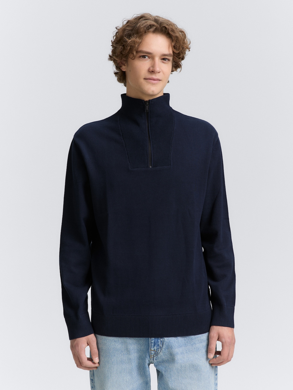 Thumbnail - TOM TAILOR DENIM Herren Troyer Strickpullover aus Baumwolle, blau, Uni, Gr. M