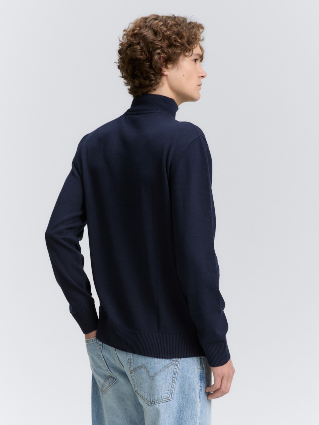 Thumbnail - TOM TAILOR DENIM Herren Troyer Strickpullover aus Baumwolle, blau, Uni, Gr. M