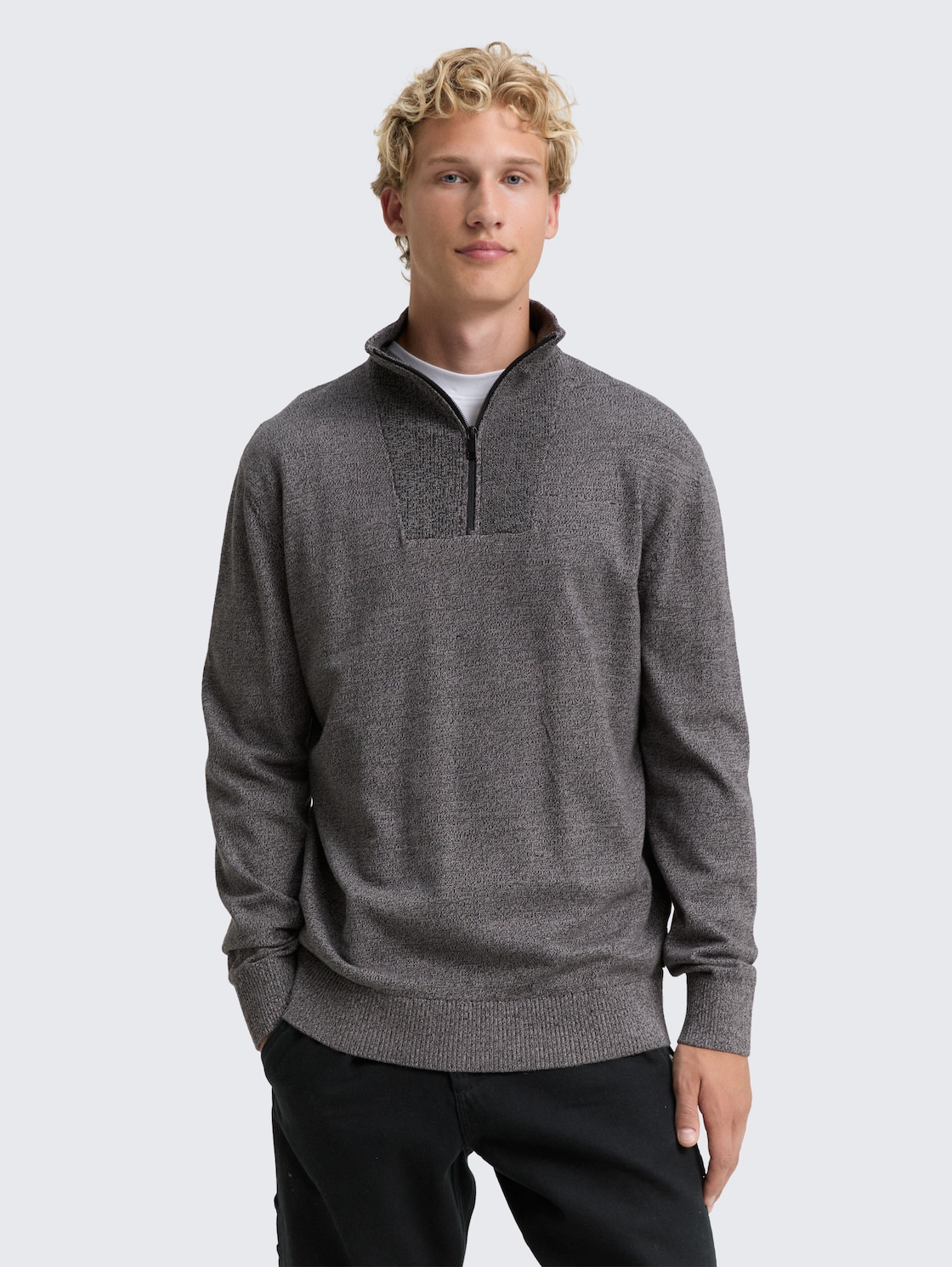 Thumbnail - TOM TAILOR DENIM Herren Troyer Strickpullover aus Baumwolle, schwarz, Meliert, Gr. XL