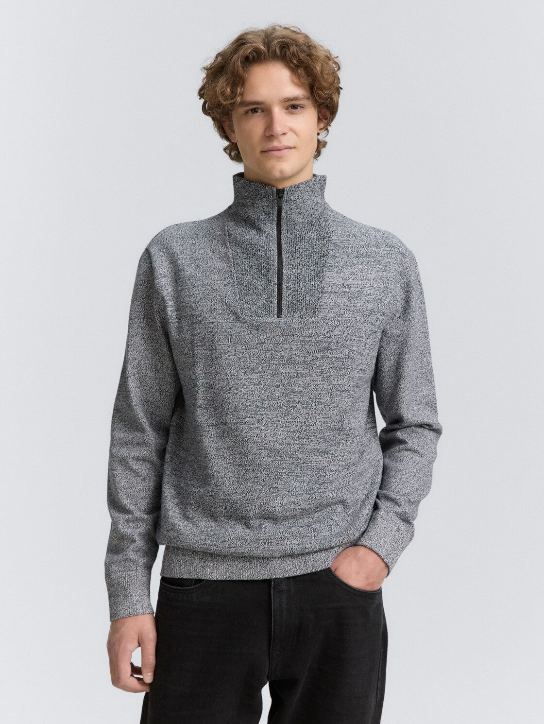 Thumbnail - TOM TAILOR DENIM Herren Troyer Strickpullover aus Baumwolle, blau, Meliert, Gr. S