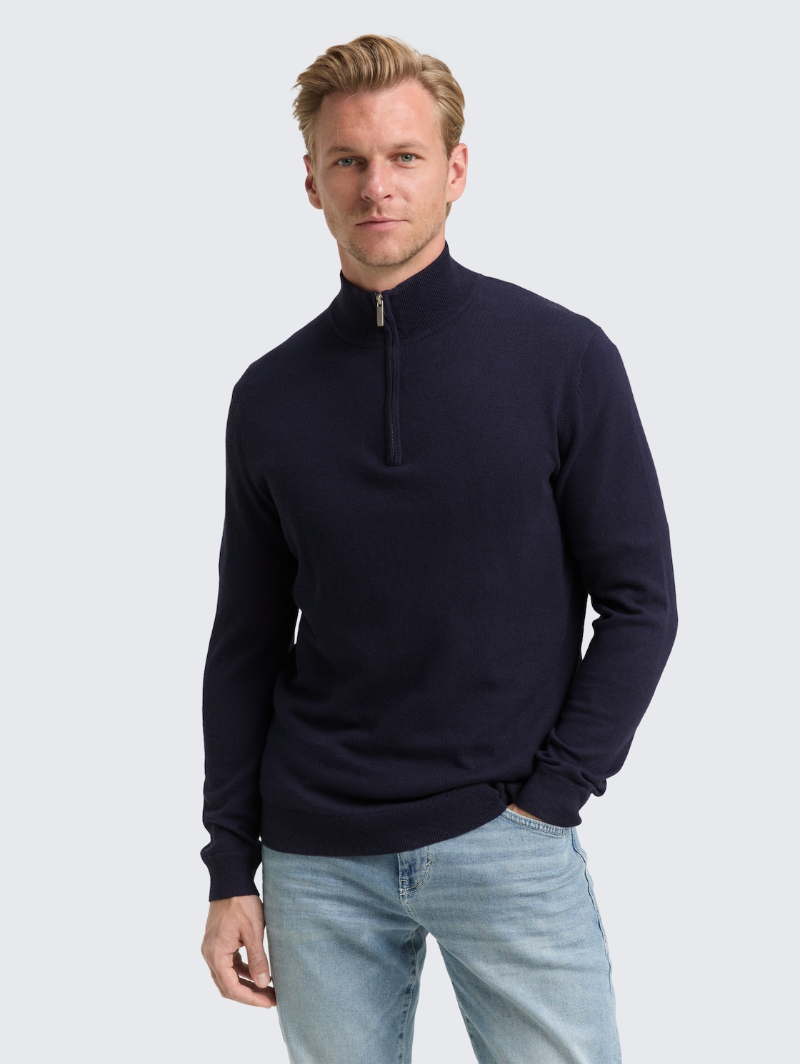 Thumbnail - TOM TAILOR Herren Troyer Strickpullover mit Kaschmir-Anteil, blau, Meliert, Gr. XL