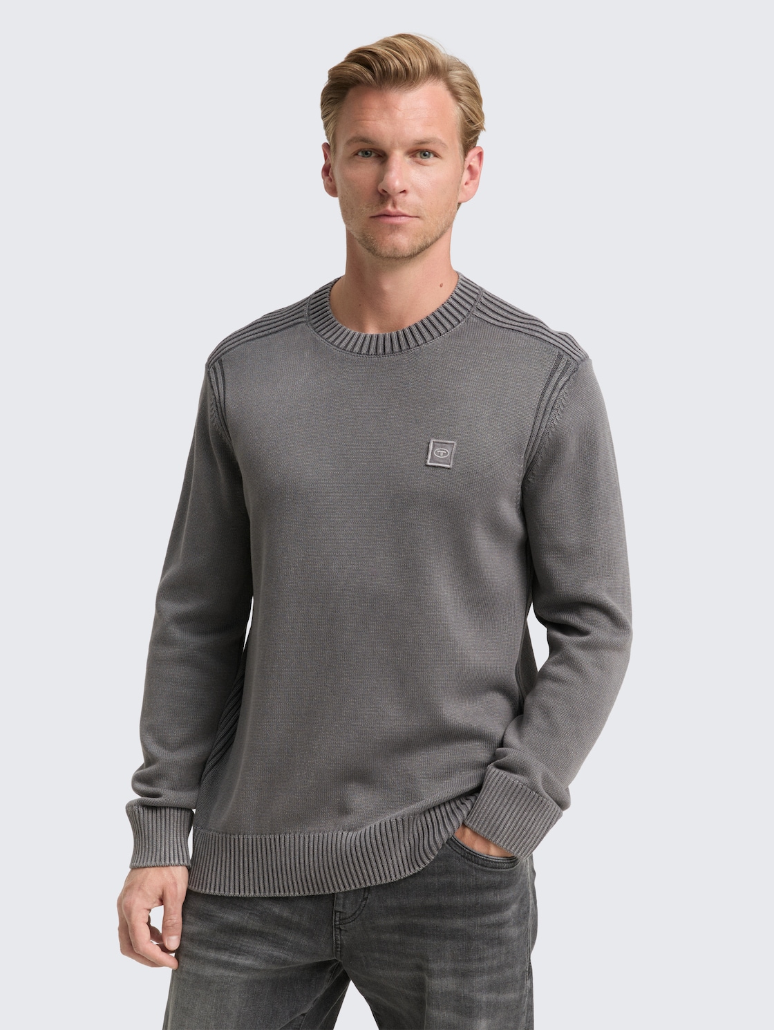 Thumbnail - TOM TAILOR Herren Strickpullover im Washed-Look aus Baumwolle, grau, Uni, Gr. XL
