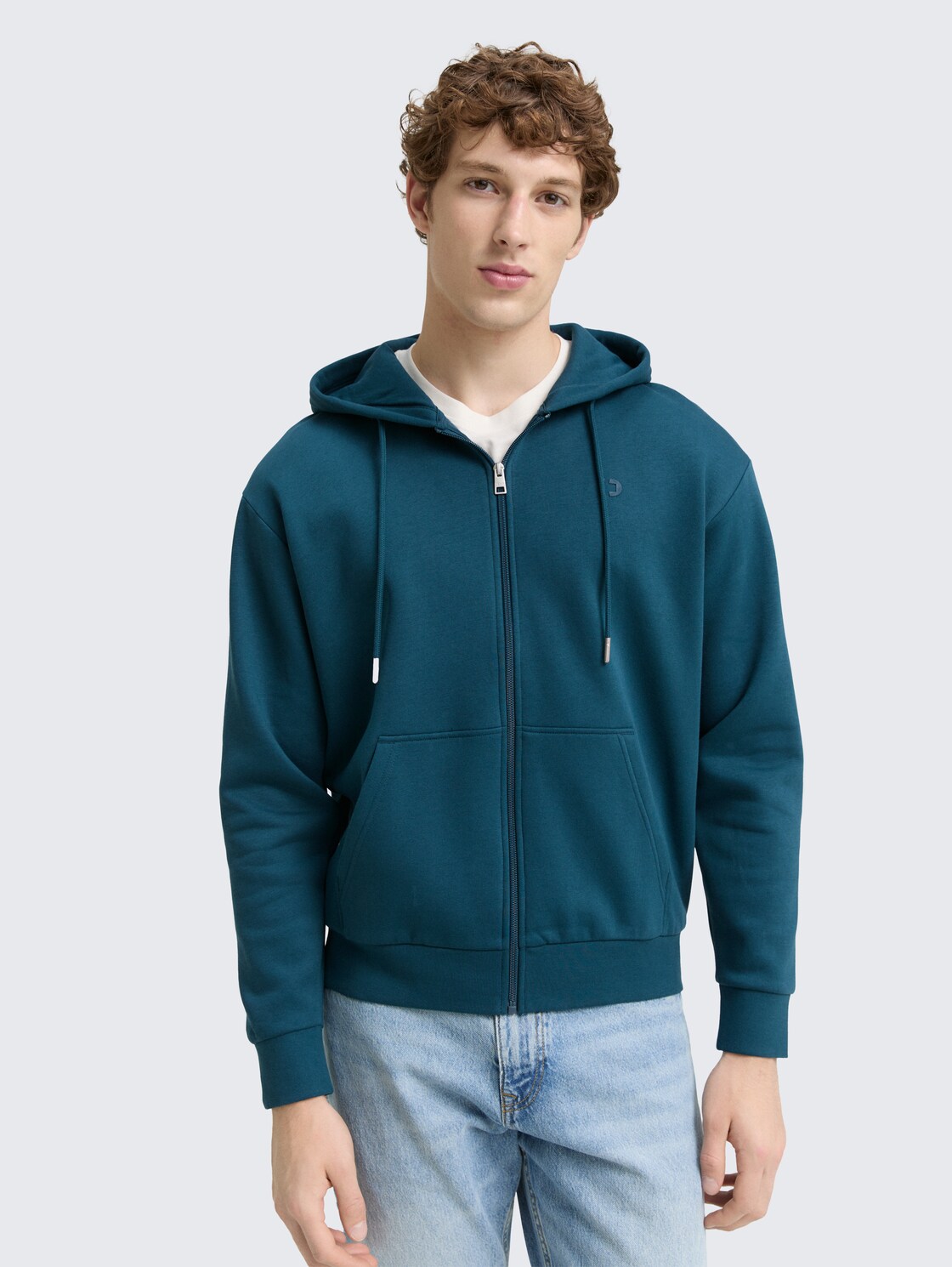 Thumbnail - TOM TAILOR DENIM Herren Hoodie Sweatjacke mit Logo-Print, grün, Uni, Gr. S
