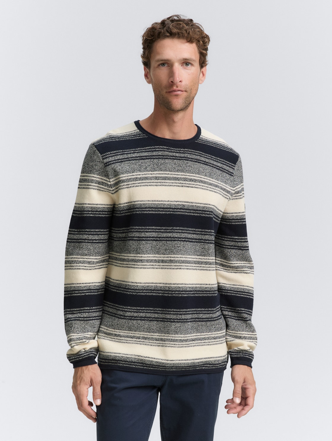 Thumbnail - TOM TAILOR Herren Strickpullover im Streifenmuster, weiß, Gestreift, Gr. L
