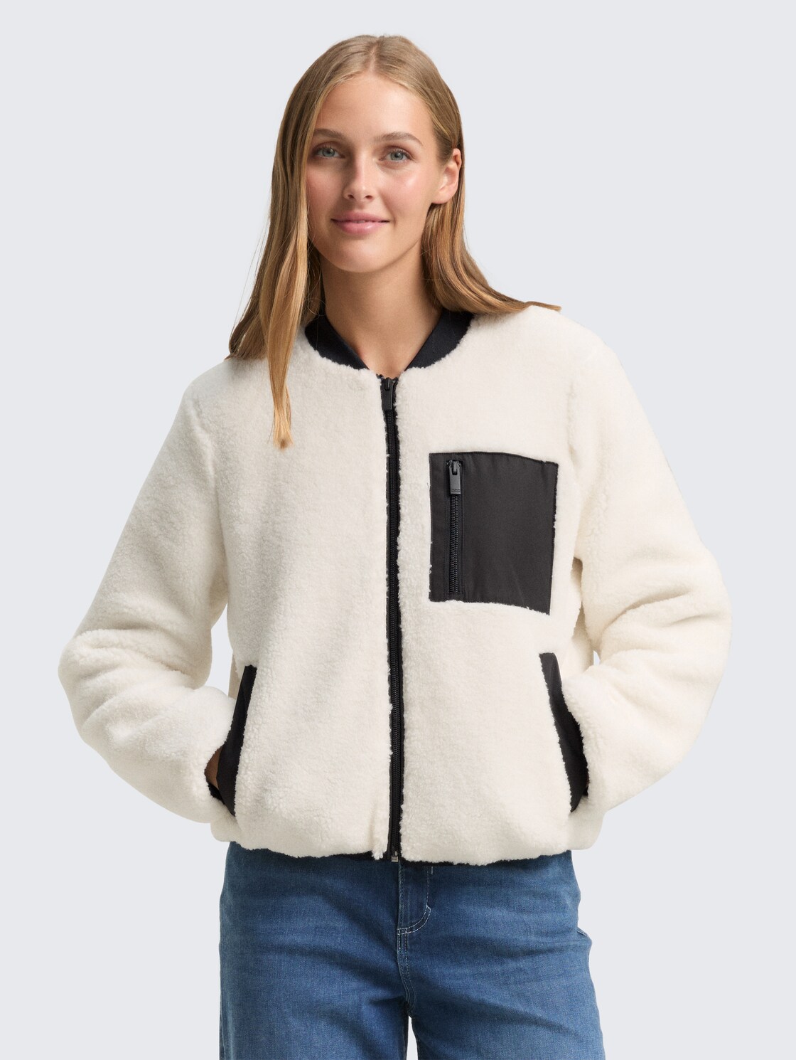 Thumbnail - TOM TAILOR DENIM Damen Teddy-Jacke mit Bomberkragen, weiß, Uni, Gr. M