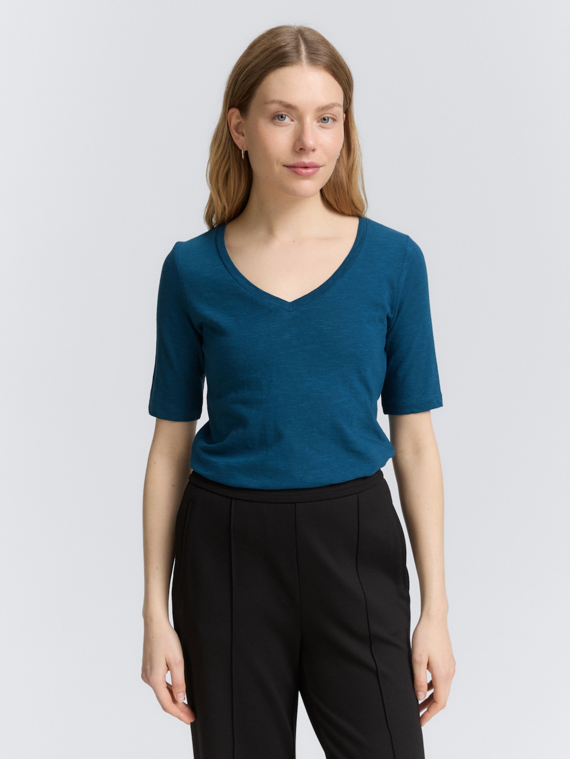 Thumbnail - TOM TAILOR Damen T-Shirt mit V-Ausschnitt, blau, Uni, Gr. L