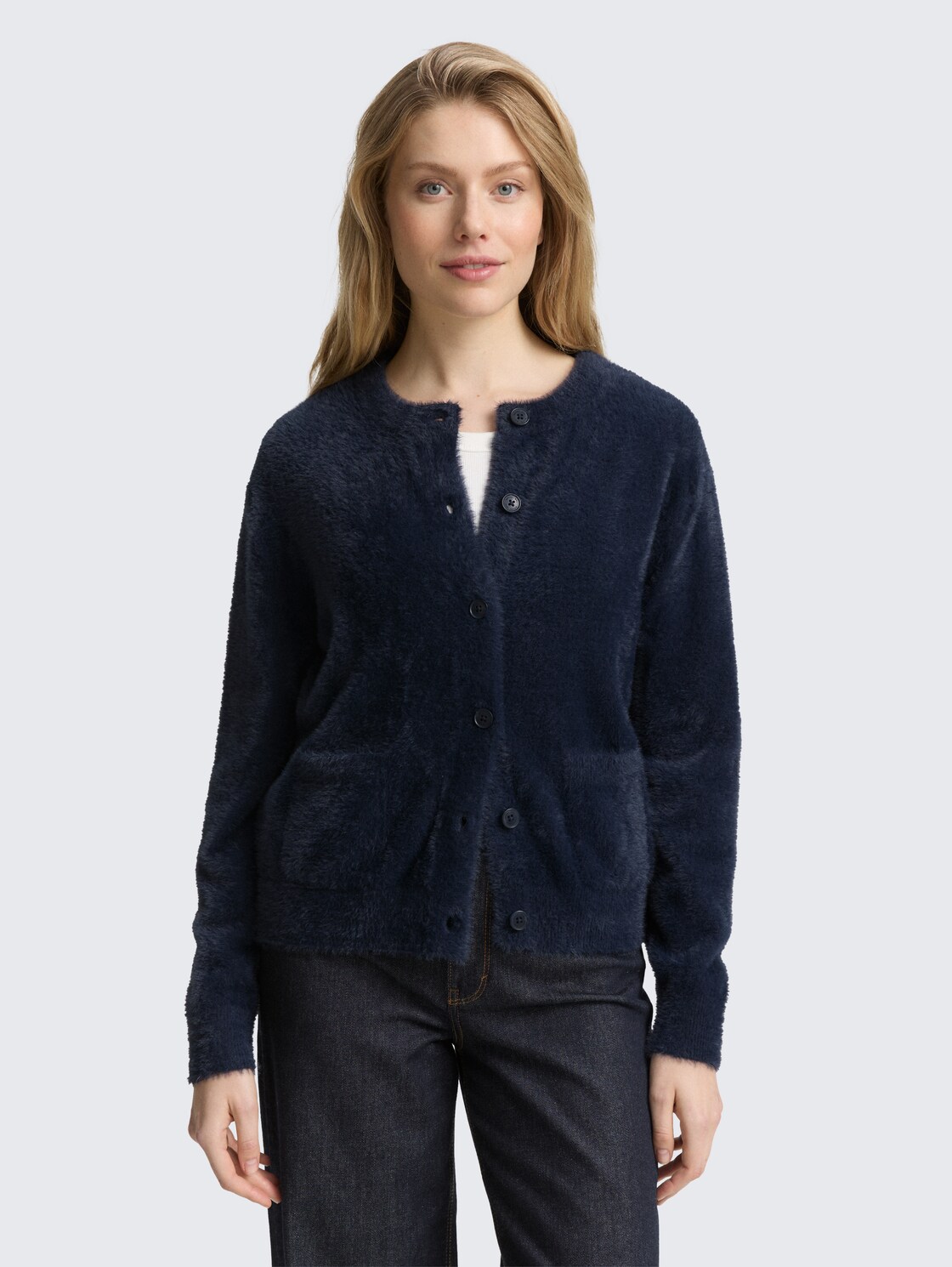 Thumbnail - TOM TAILOR Damen Federgarn-Cardigan mit Knopfleiste, blau, Uni, Gr. M