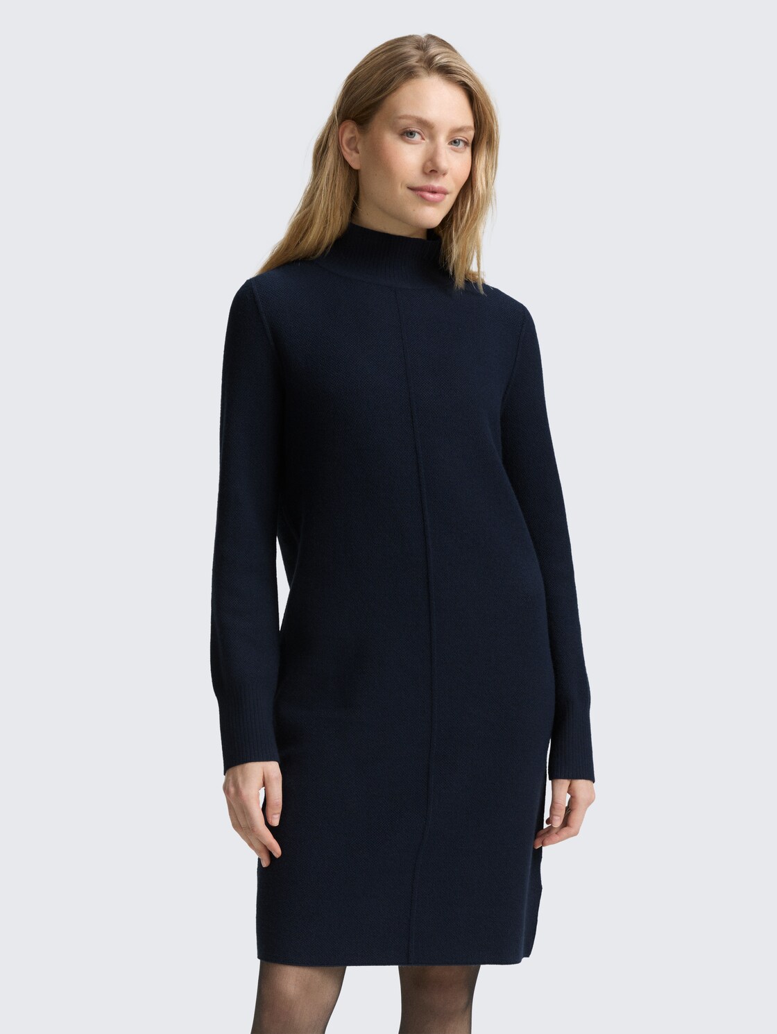 Thumbnail - TOM TAILOR Damen Strickkleid mit Stehkragen, blau, Uni, Gr. 46