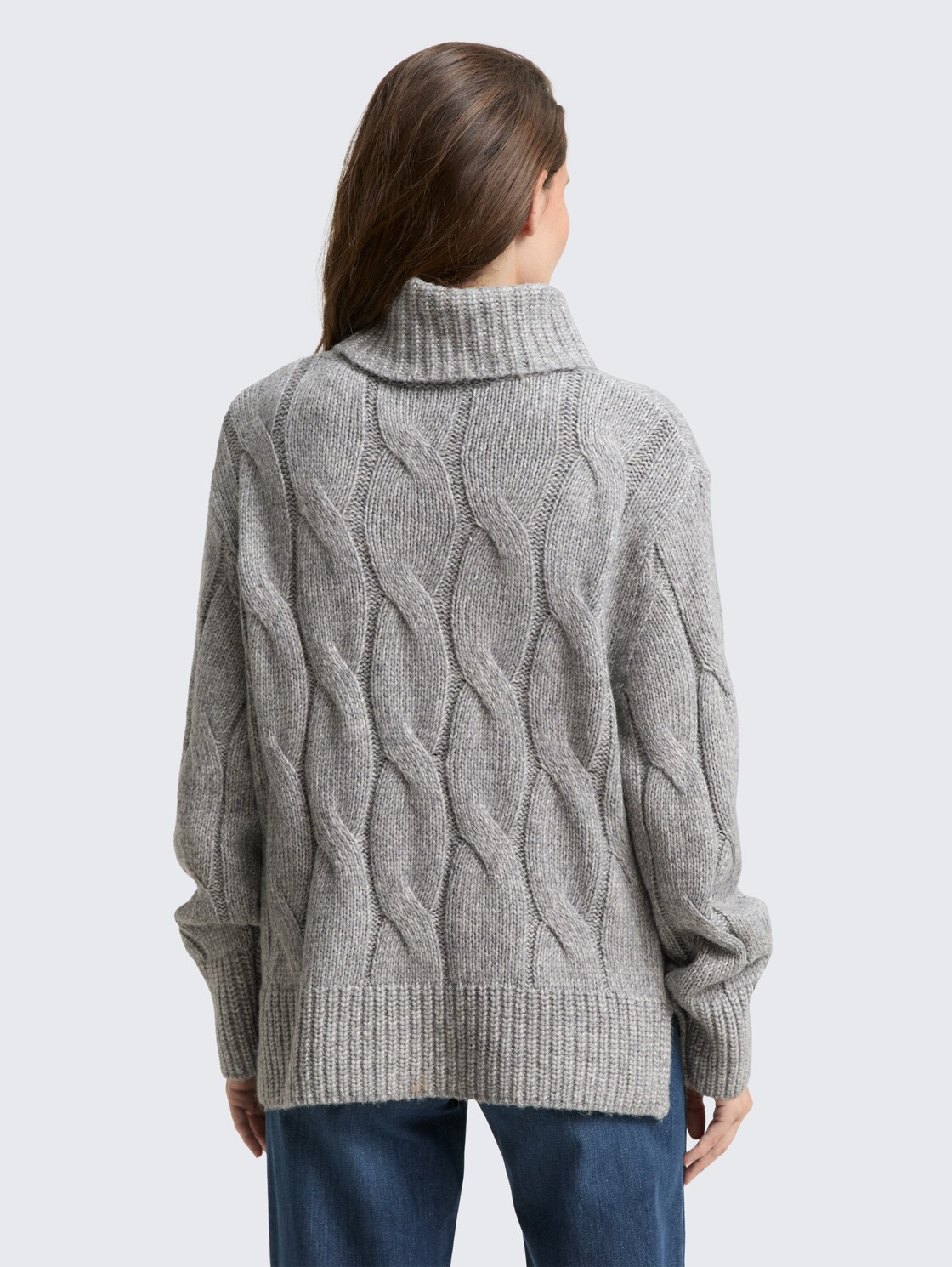 Thumbnail - TOM TAILOR Damen Rollkragenpullover mit Zopfmuster, grau, Meliert, Gr. L