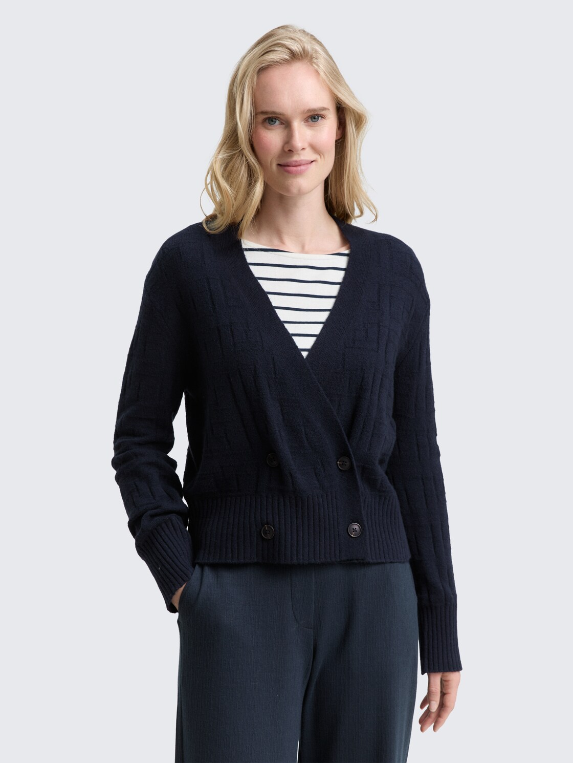 Thumbnail - TOM TAILOR Damen Cardigan in Wickel-Optik, blau, Uni, Gr. XL