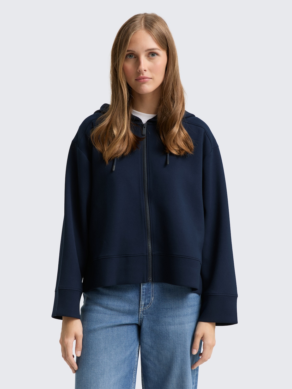Thumbnail - TOM TAILOR DENIM Damen Loose Fit Scuba Hoodie Sweatjacke, blau, Uni, Gr. M