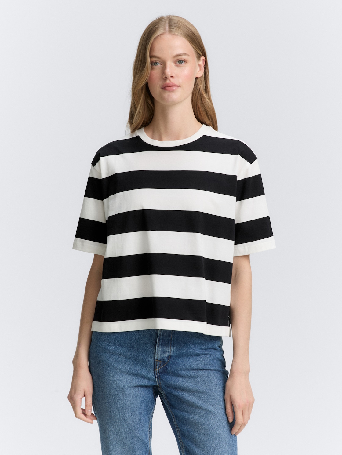 Thumbnail - TOM TAILOR DENIM Damen Boxy Fit T-Shirt mit Streifenmuster, schwarz, Gestreift, Gr. XS