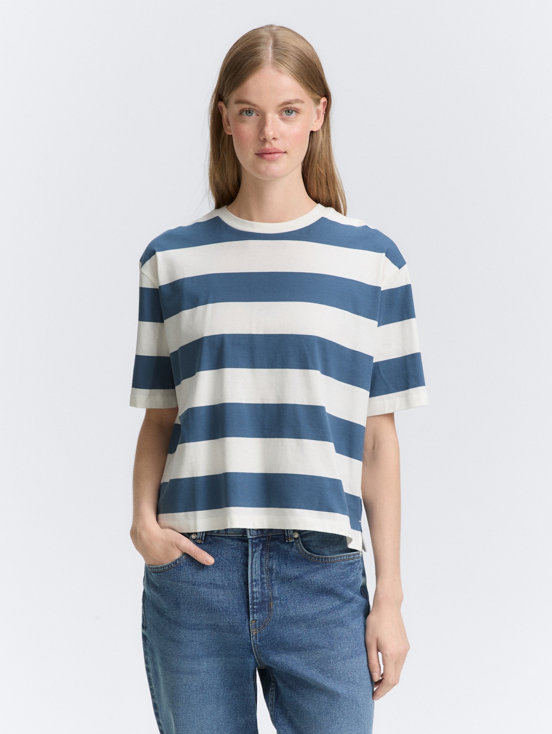 Thumbnail - TOM TAILOR DENIM Damen Boxy Fit T-Shirt mit Streifenmuster, blau, Gestreift, Gr. XXL