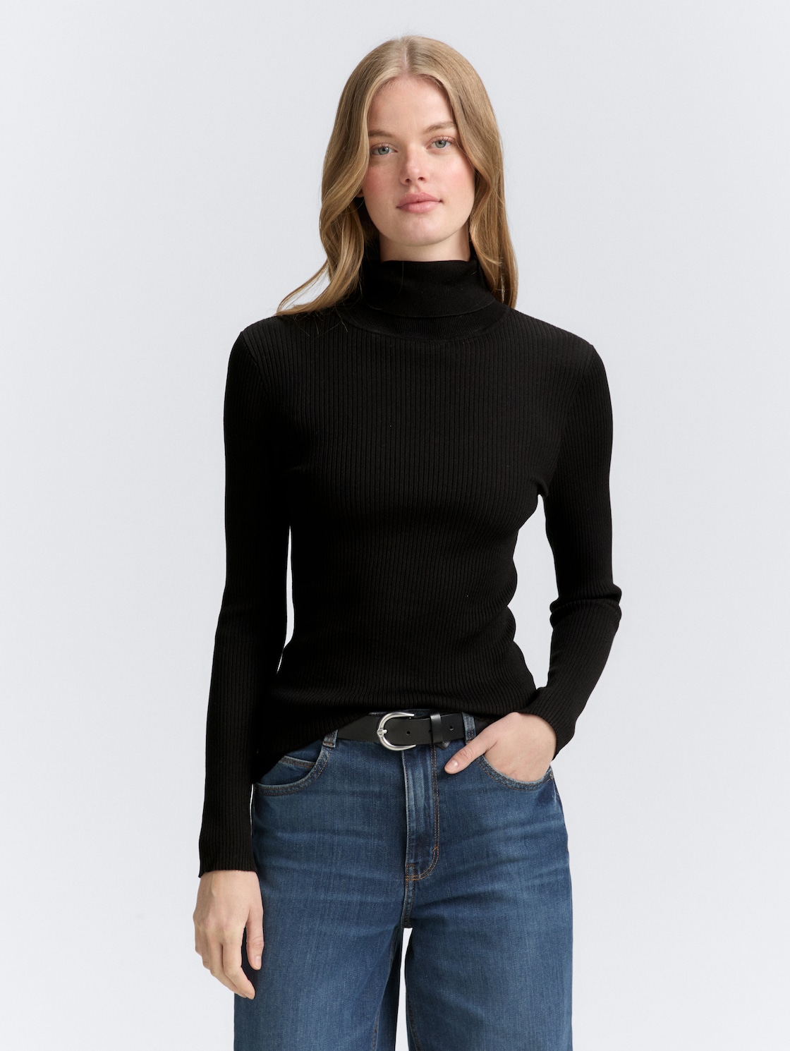 Thumbnail - TOM TAILOR DENIM Damen Ripp Rollkragenpullover, schwarz, Uni, Gr. XXL
