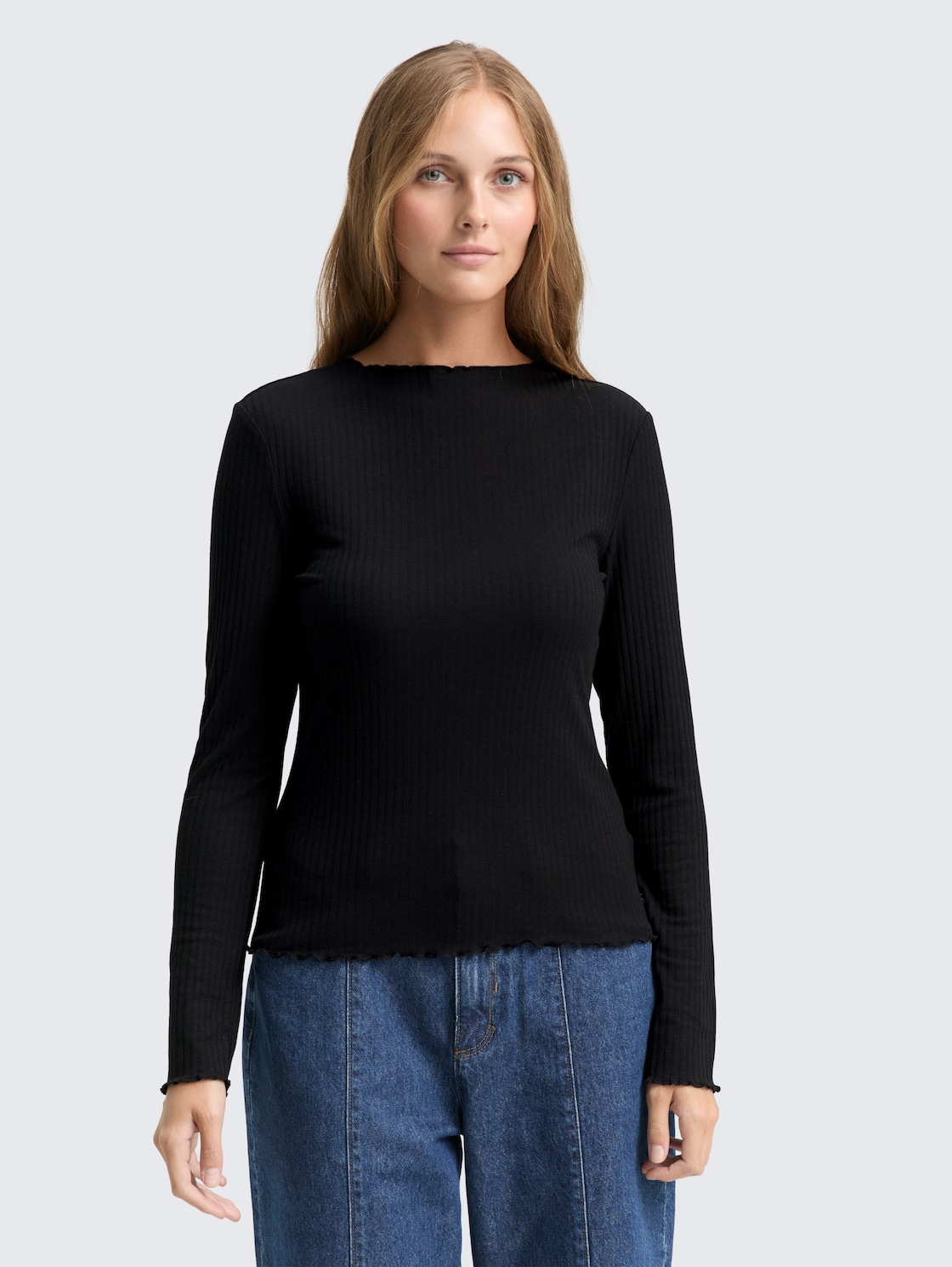 Thumbnail - TOM TAILOR DENIM Damen Ripp Langarmshirt mit Stehkragen, schwarz, Uni, Gr. L