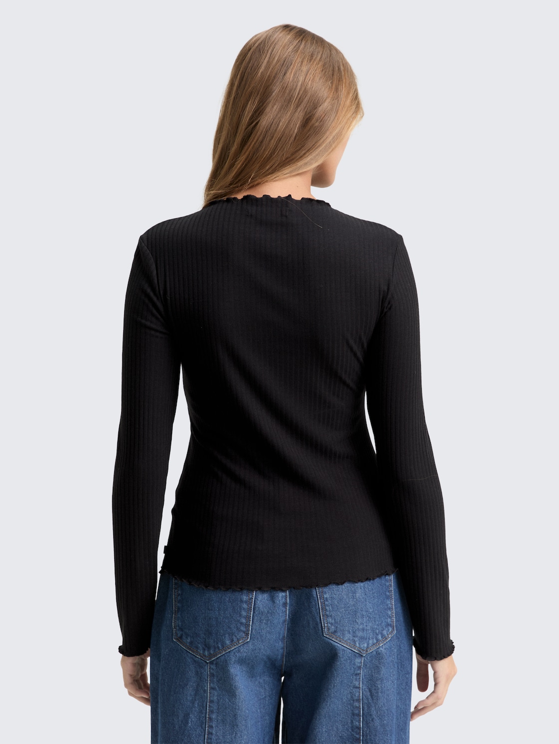 Thumbnail - TOM TAILOR DENIM Damen Ripp Langarmshirt mit Stehkragen, schwarz, Uni, Gr. L