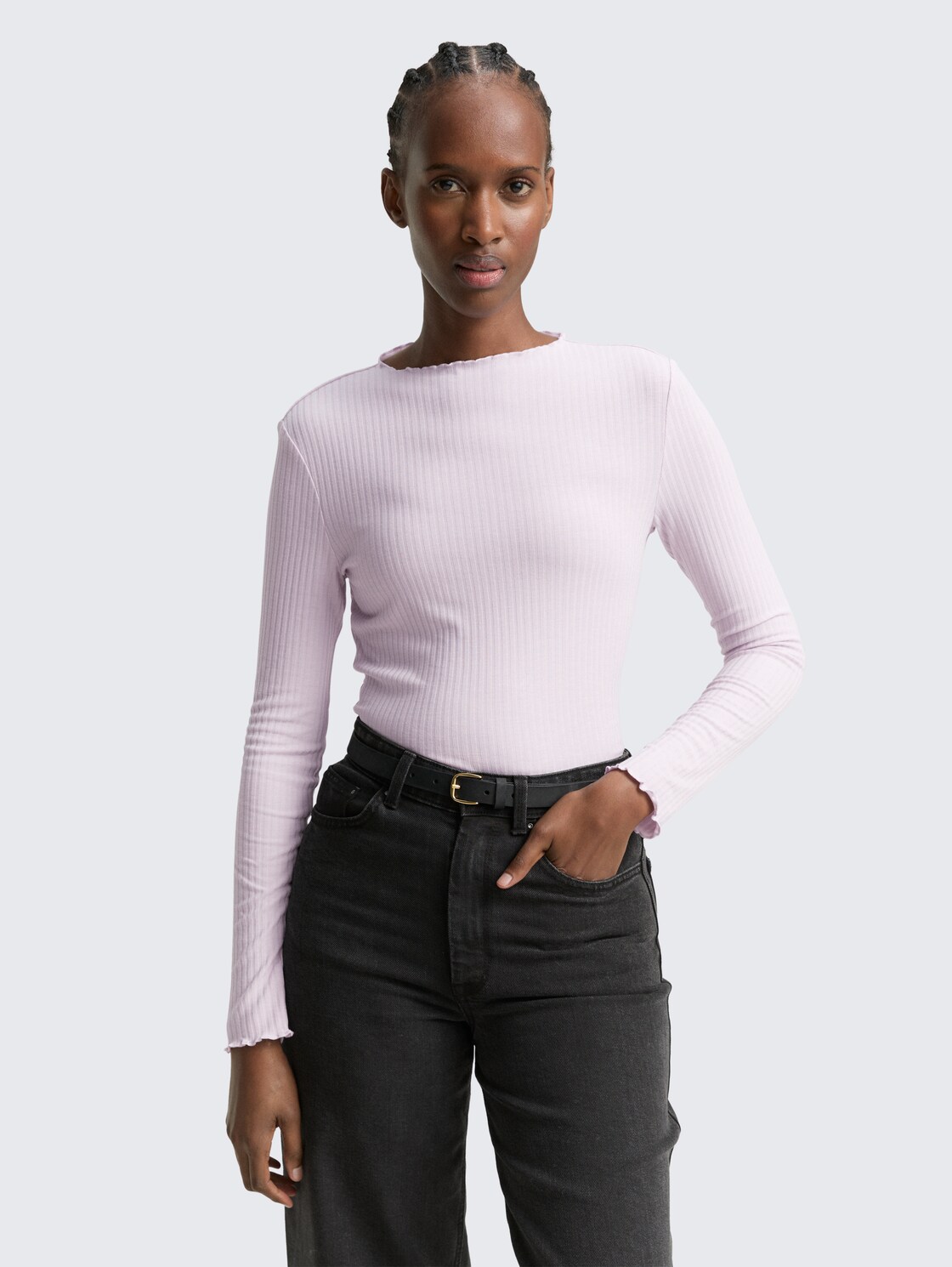 Thumbnail - TOM TAILOR DENIM Damen Ripp Langarmshirt mit Stehkragen, lila, Uni, Gr. M