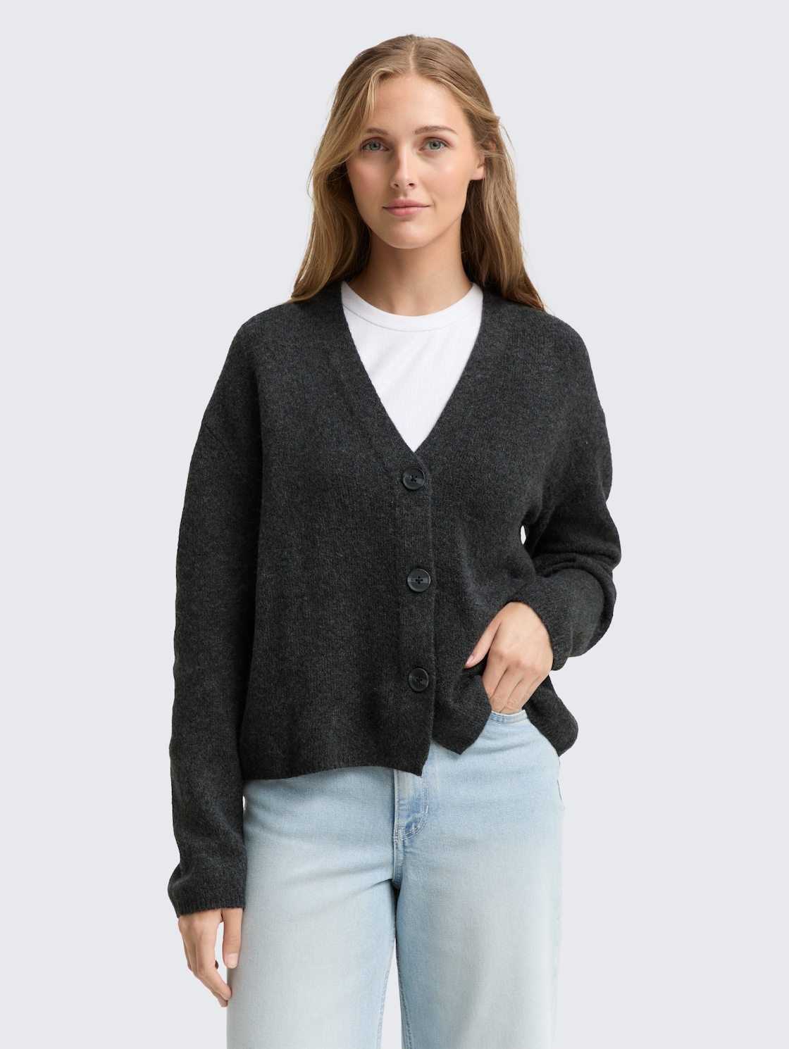 Thumbnail - TOM TAILOR DENIM Damen Cardigan mit V-Ausschnitt, grau, Meliert, Gr. L