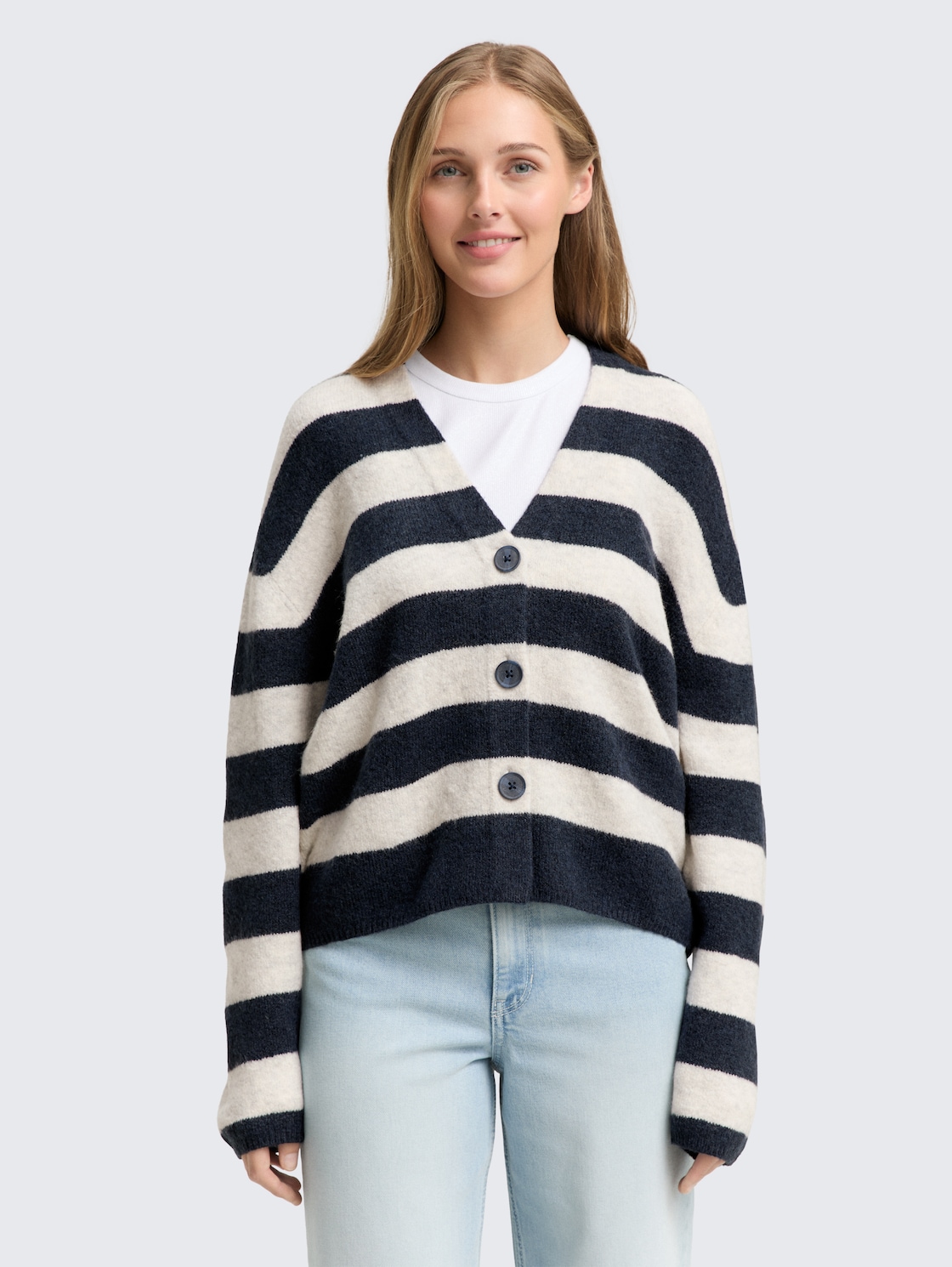 Thumbnail - TOM TAILOR DENIM Damen Cardigan mit V-Ausschnitt, blau, Gestreift, Gr. XL