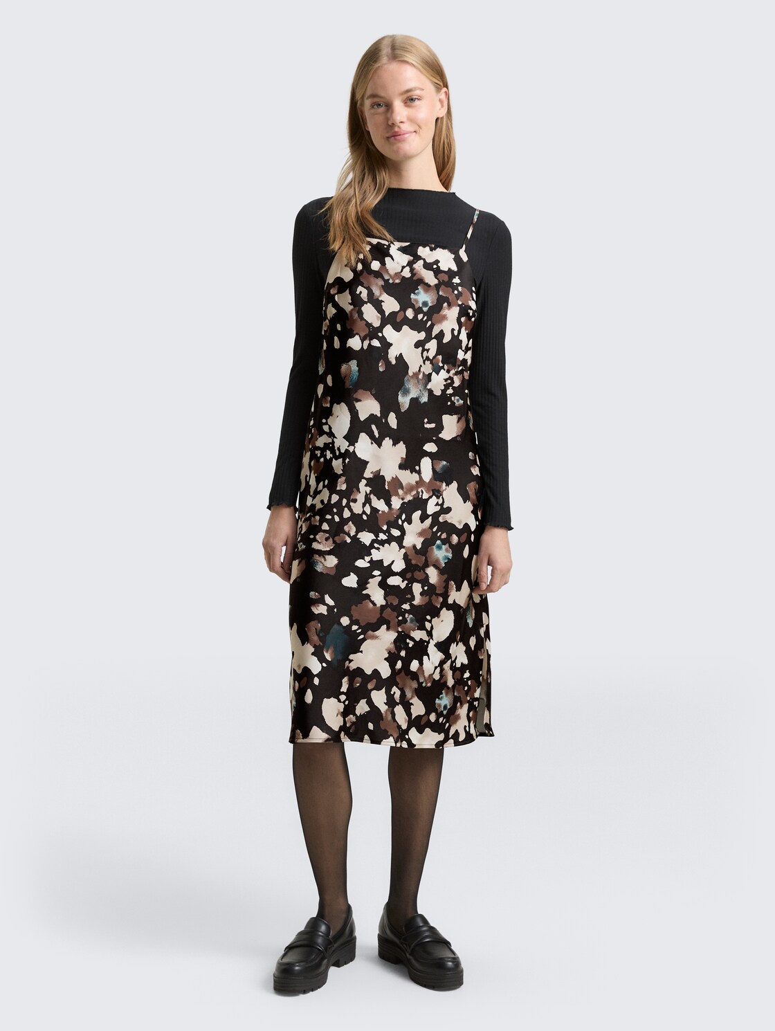Thumbnail - TOM TAILOR DENIM Damen Satin Midi-Kleid mit Muster, schwarz, Gemustert, Gr. S
