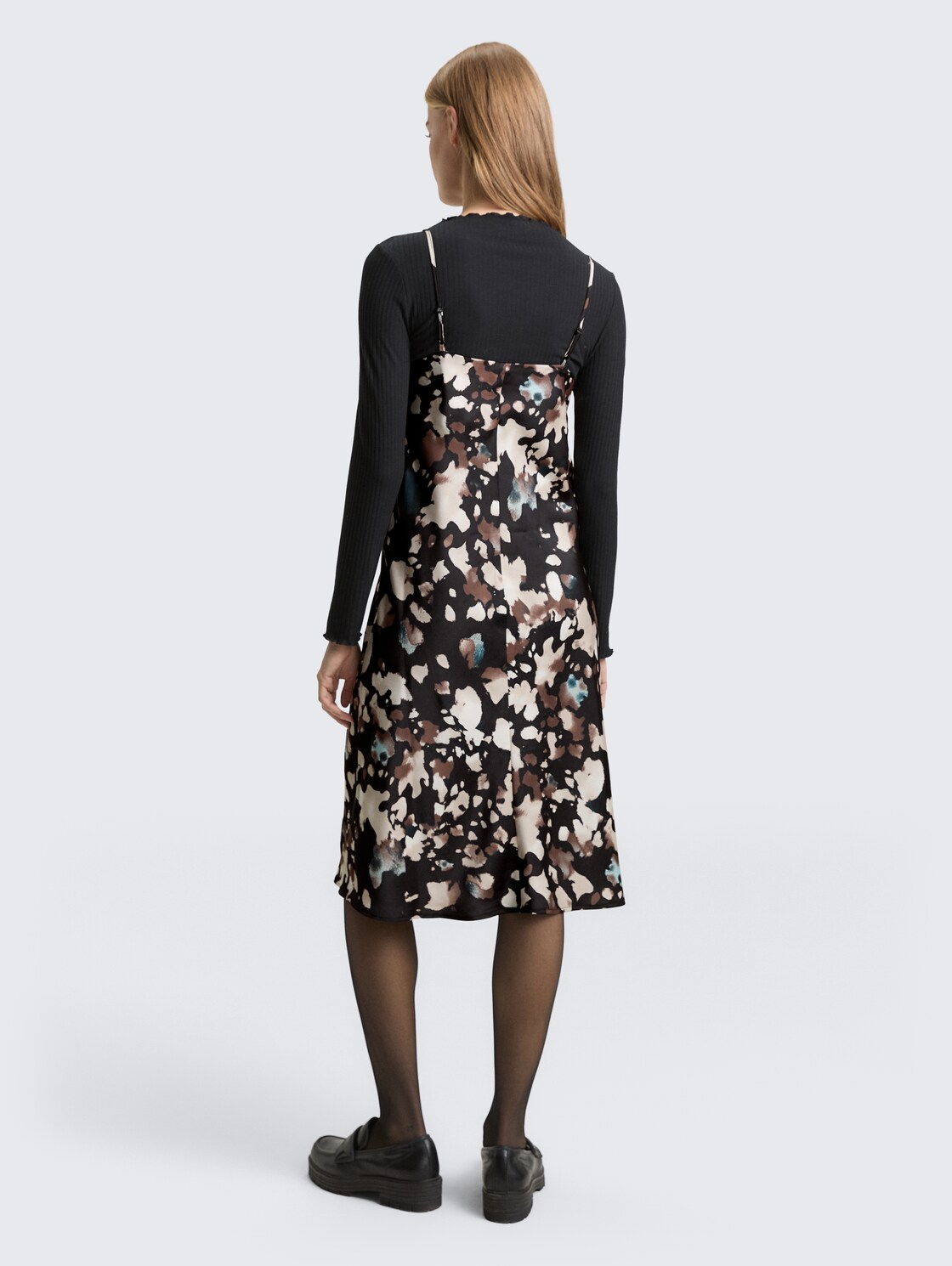 Thumbnail - TOM TAILOR DENIM Damen Satin Midi-Kleid mit Muster, schwarz, Gemustert, Gr. S