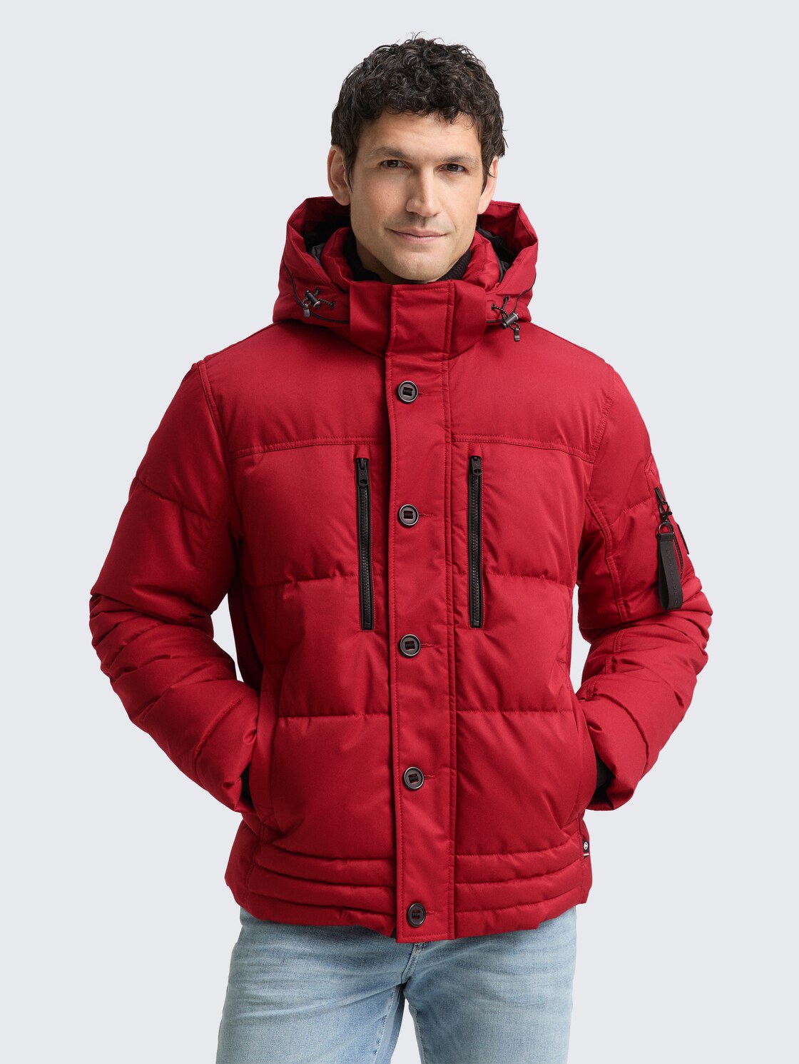 Thumbnail - TOM TAILOR Herren Puffer-Jacke mit abnehmbarer Kapuze, rot, Uni, Gr. M