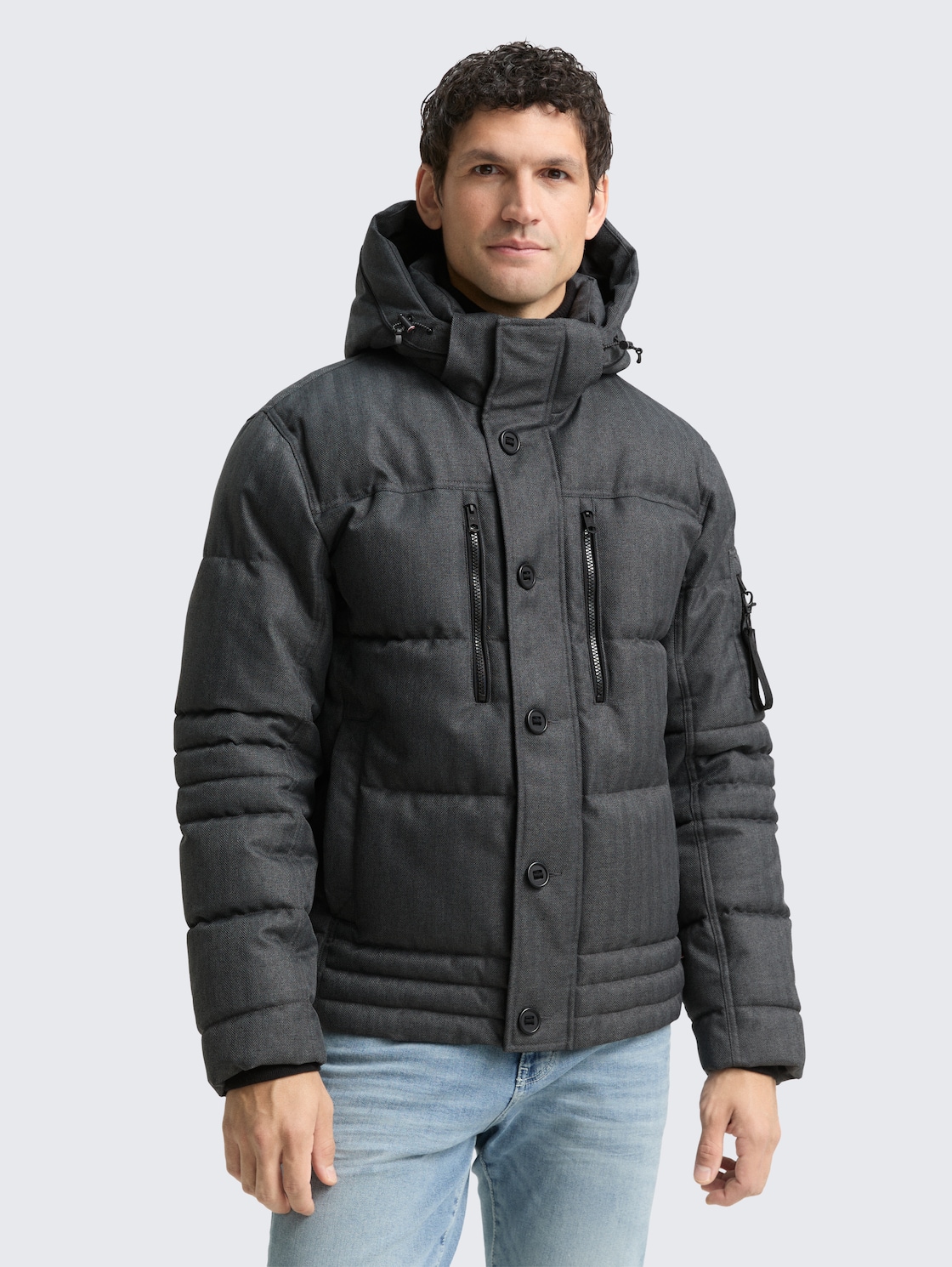 Thumbnail - TOM TAILOR Herren Puffer-Jacke mit abnehmbarer Kapuze, grau, Meliert, Gr. M