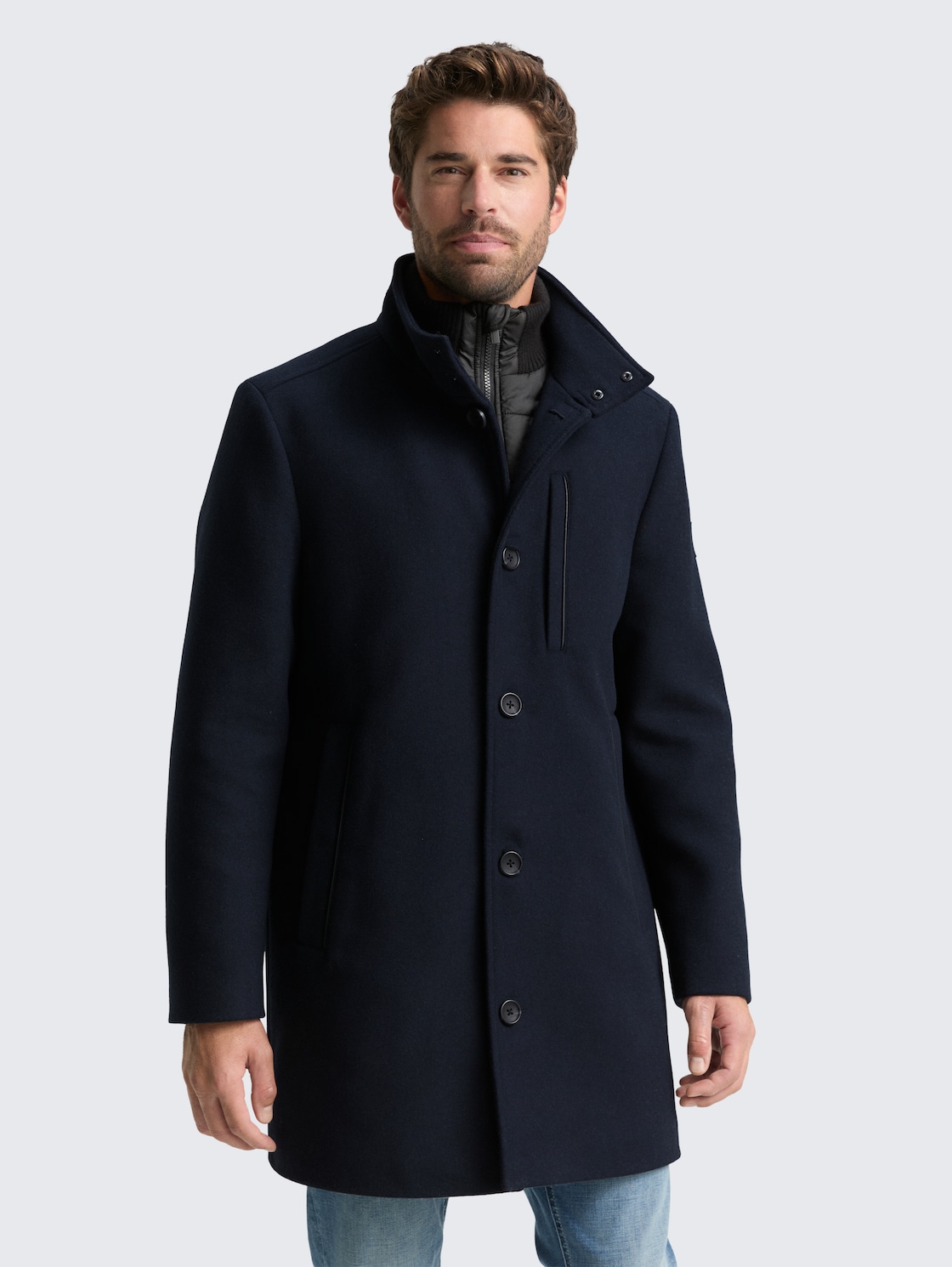 Thumbnail - TOM TAILOR Herren 2-in-1 Wollmantel mit abnehmbarer Innenjacke, blau, Uni, Gr. XXXL