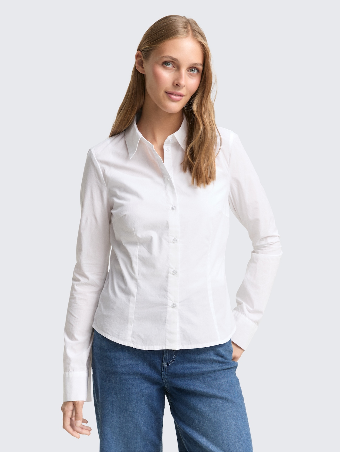 Thumbnail - TOM TAILOR DENIM Damen Fitted Hemdbluse aus Baumwolle, weiß, Uni, Gr. XL
