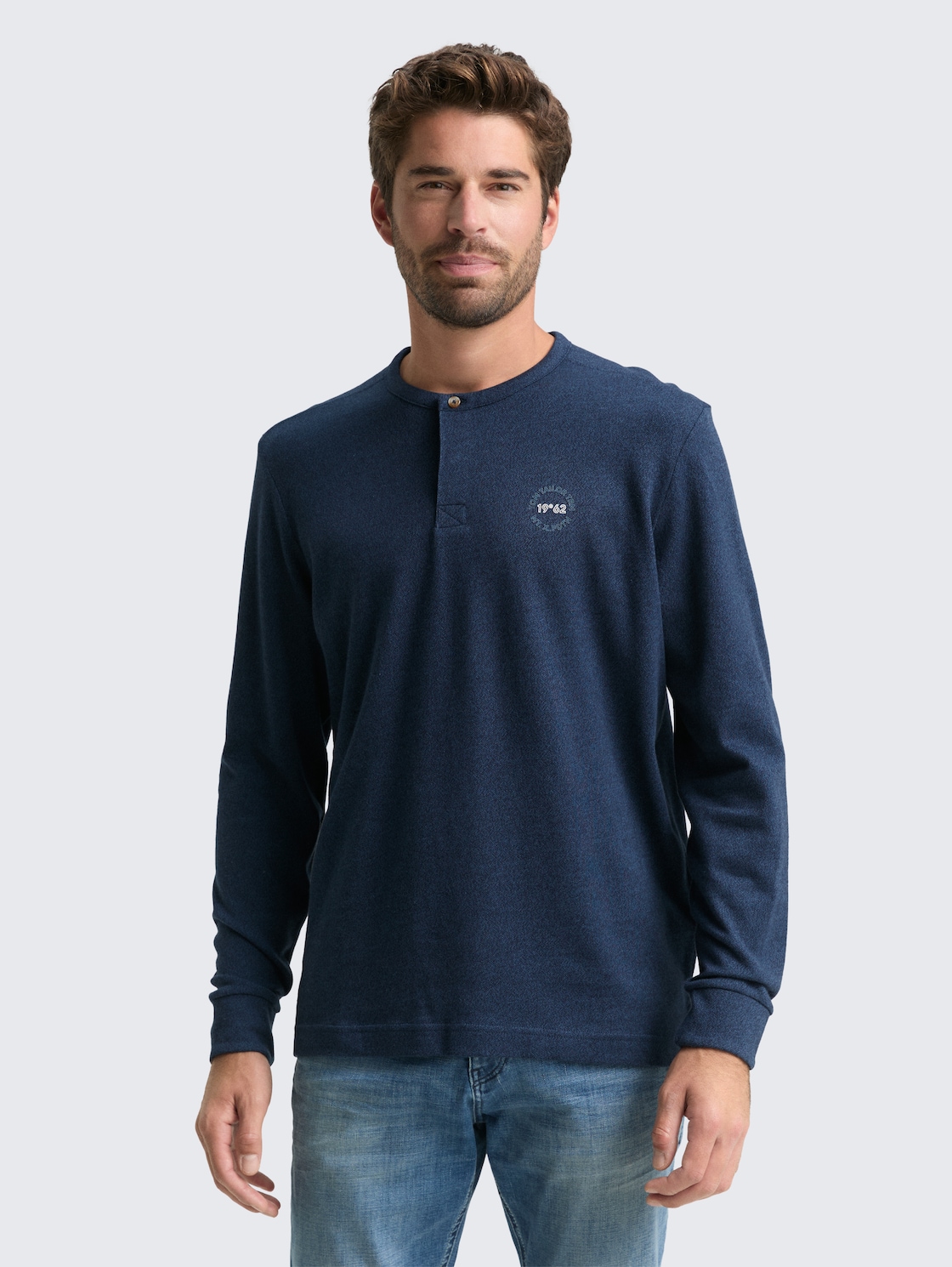 Thumbnail - TOM TAILOR Herren Henley Langarmshirt aus Baumwolle, blau, Meliert, Gr. M