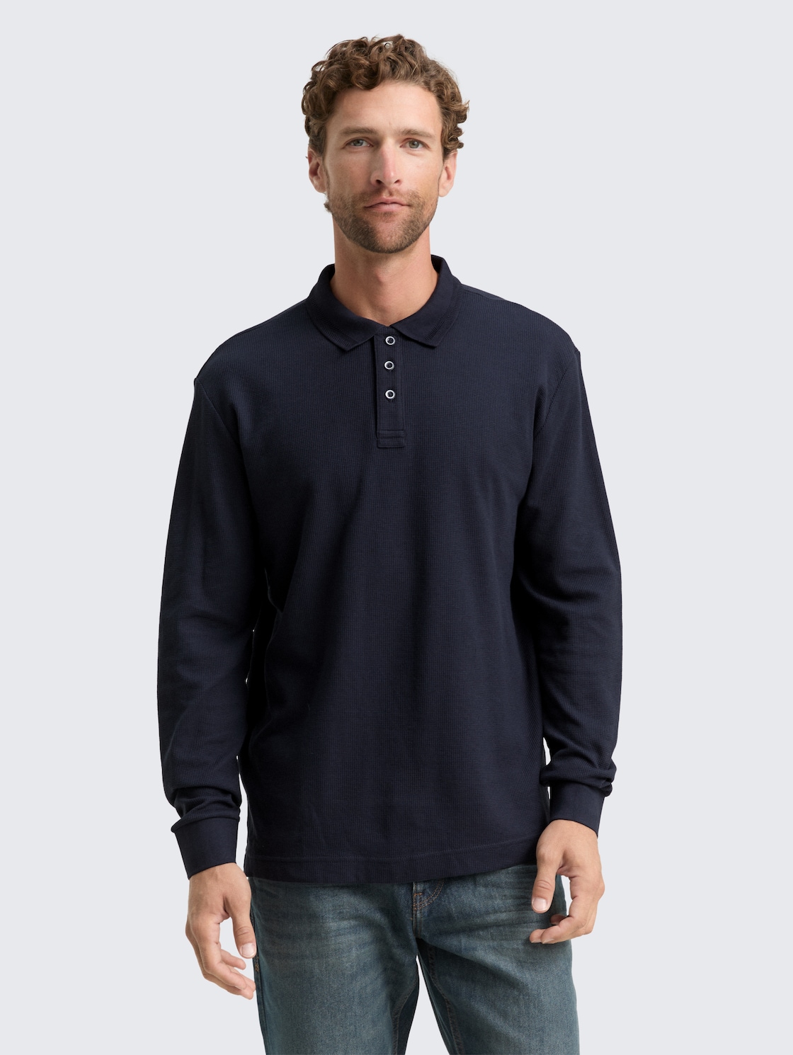 Thumbnail - TOM TAILOR Herren Langarm Poloshirt mit Waffelstruktur, blau, Uni, Gr. XXXL