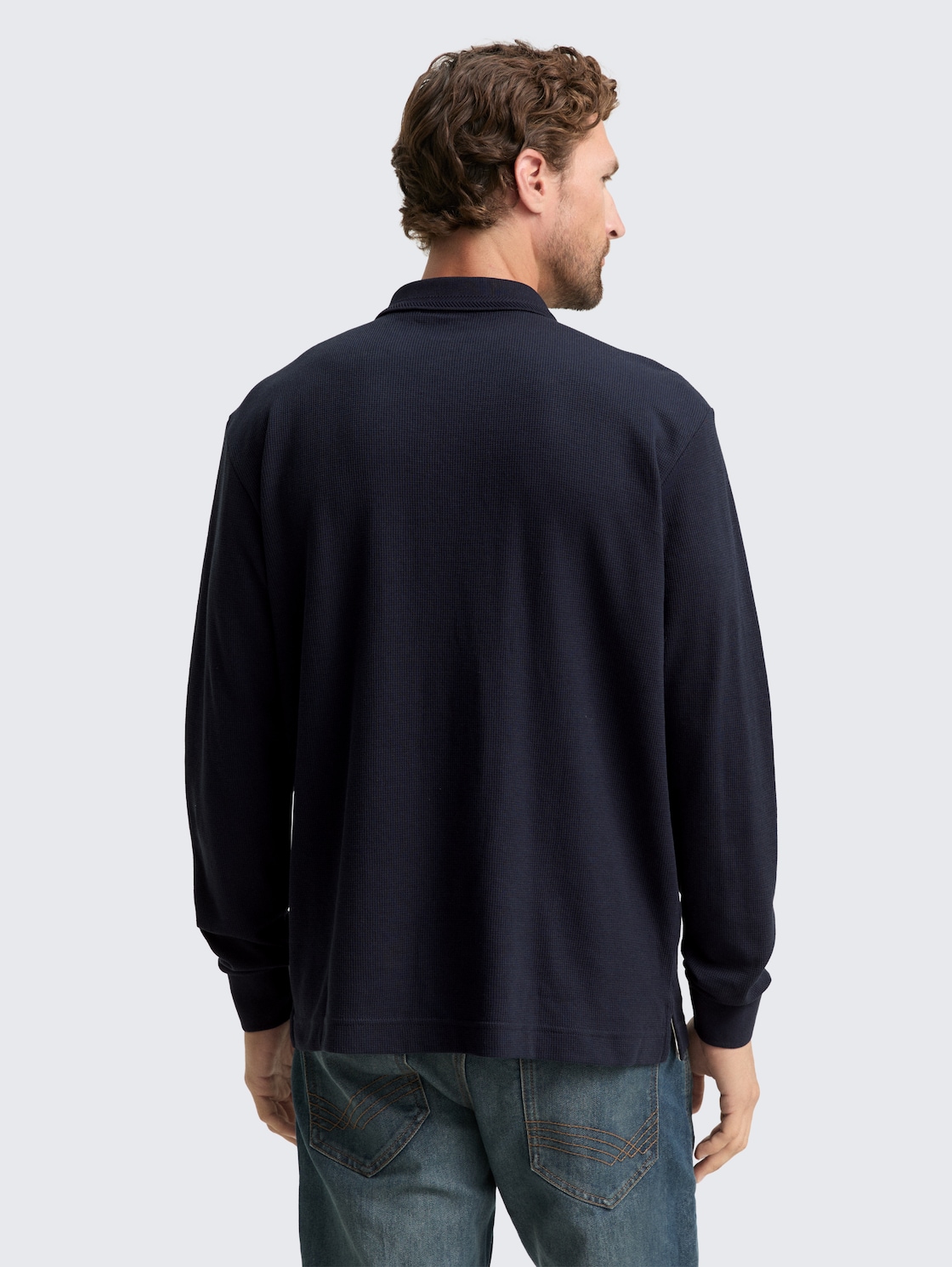 Thumbnail - TOM TAILOR Herren Langarm Poloshirt mit Waffelstruktur, blau, Uni, Gr. XXXL