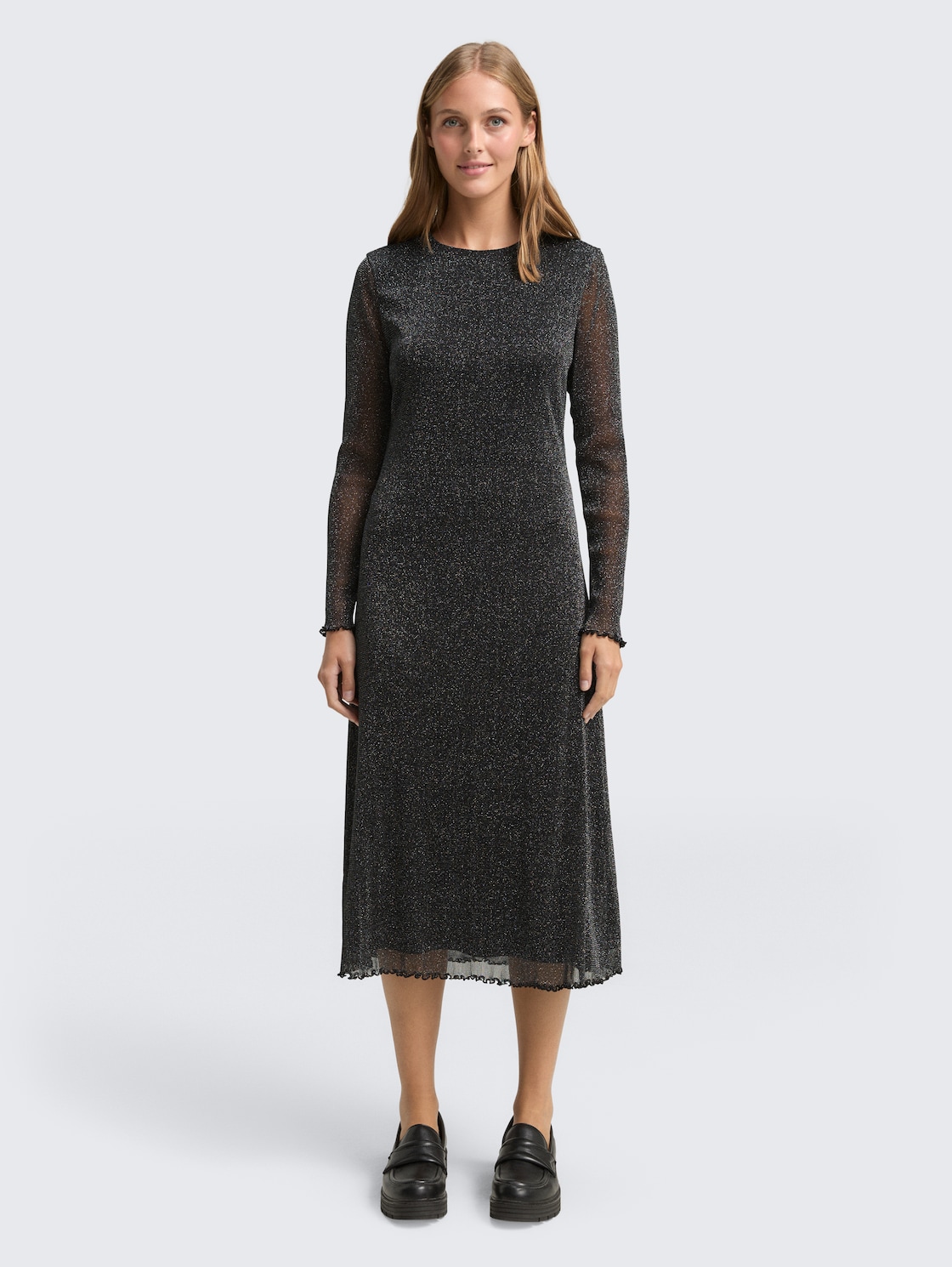 Thumbnail - TOM TAILOR DENIM Damen Midi-Meshkleid mit Glitzer-Effekt, schwarz, Uni, Gr. XXL