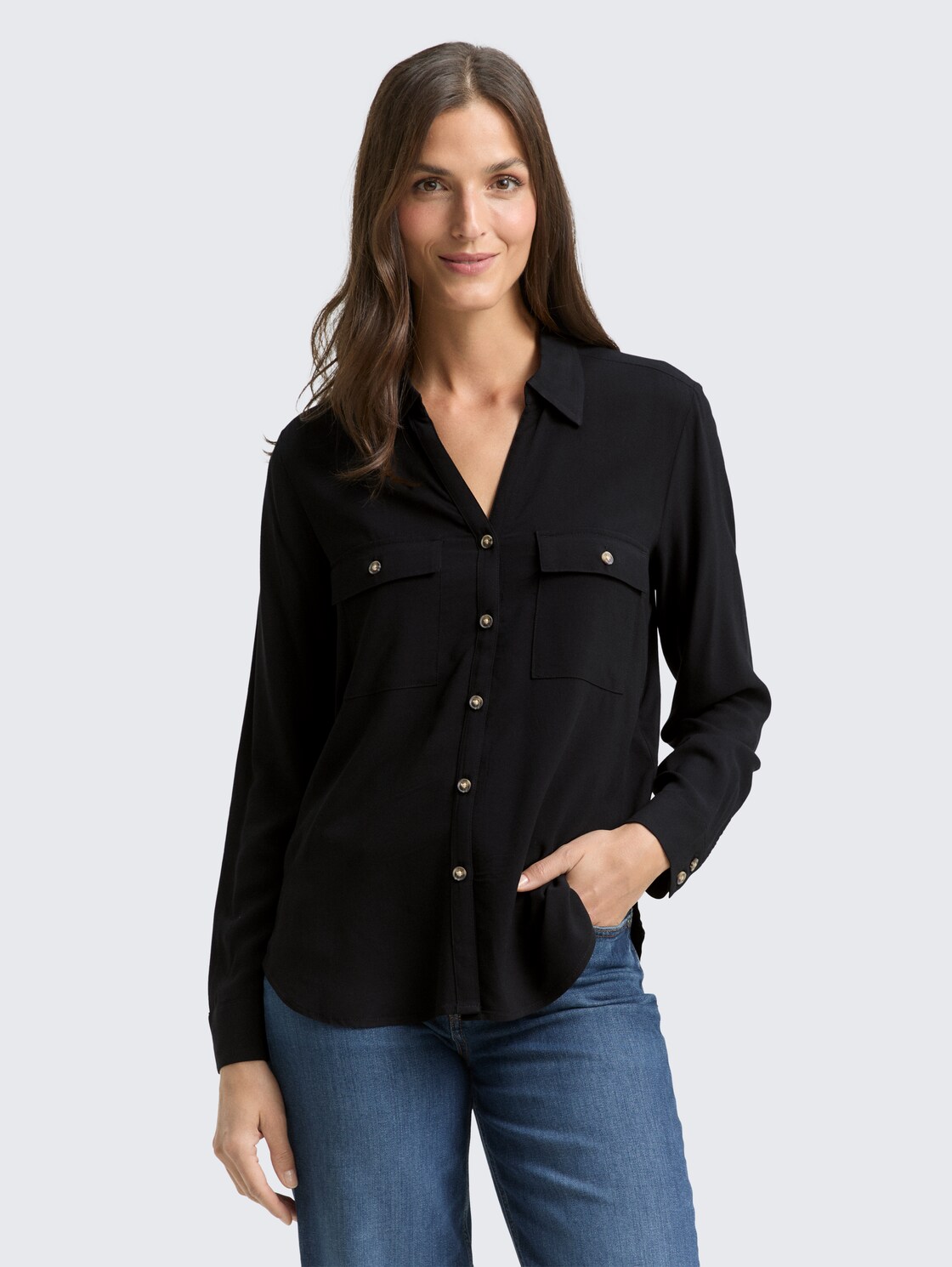 Thumbnail - TOM TAILOR Damen Hemdbluse mit Brusttaschen, schwarz, Uni, Gr. 36