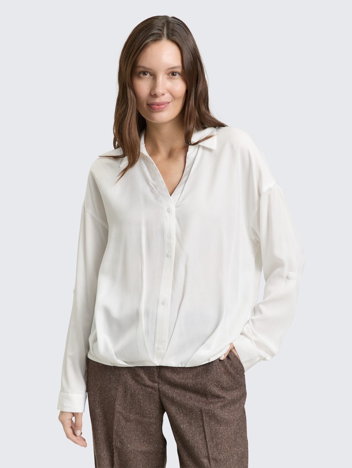 Thumbnail - TOM TAILOR Damen Oversized Satinbluse mit Turn-up-Funktion, weiß, Uni, Gr. 46