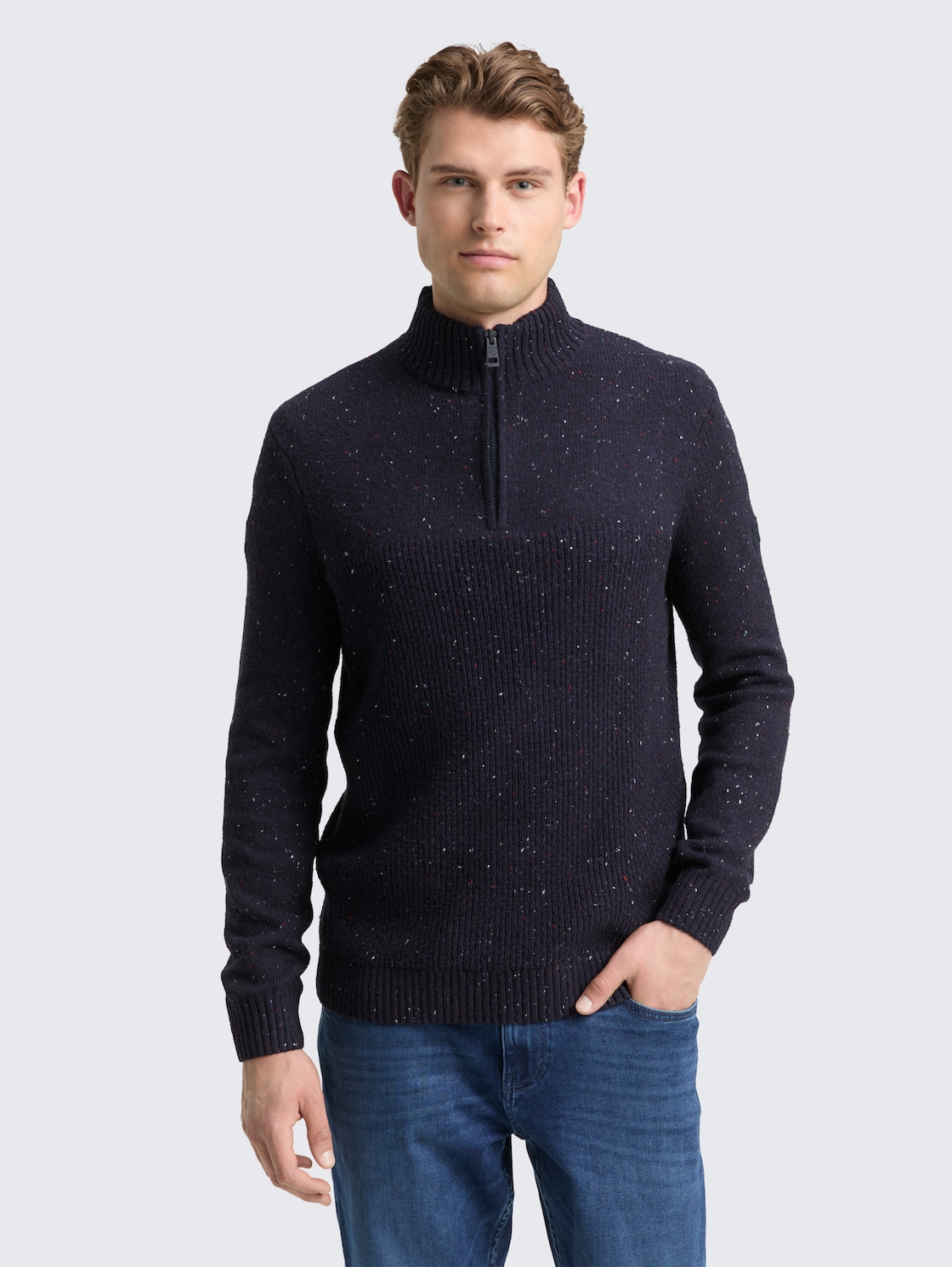 Thumbnail - TOM TAILOR Herren Troyer Strickpullover mit Strukturmix, blau, Meliert, Gr. M