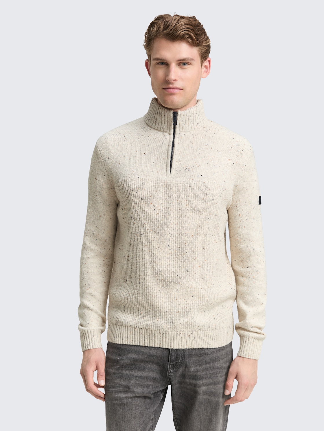 Thumbnail - TOM TAILOR Herren Troyer Strickpullover mit Strukturmix, weiß, Meliert, Gr. L